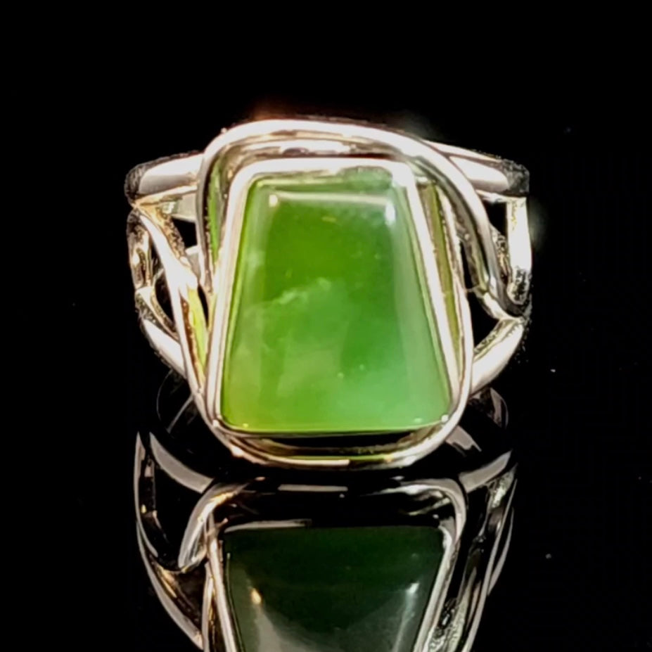 Nephrite Jade Finger Cuff Adjustable Ring .925 Silver for Health, Prosperity and Protection