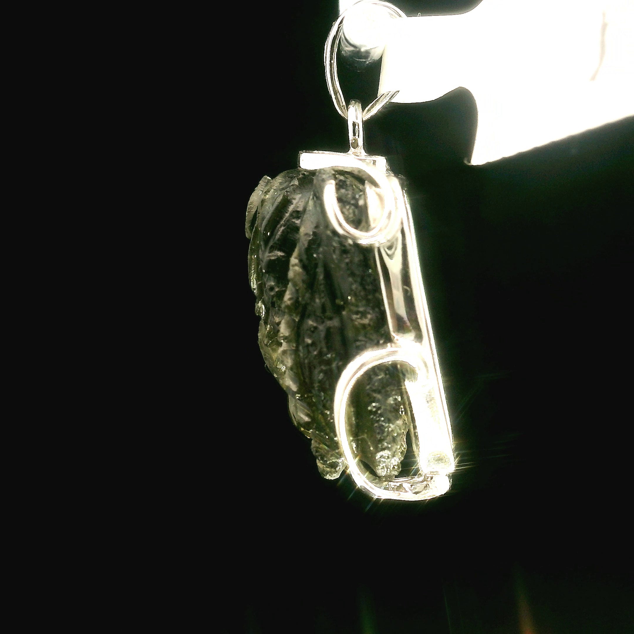 Moldavite Carved .925 Silver for Manifesting Miracles