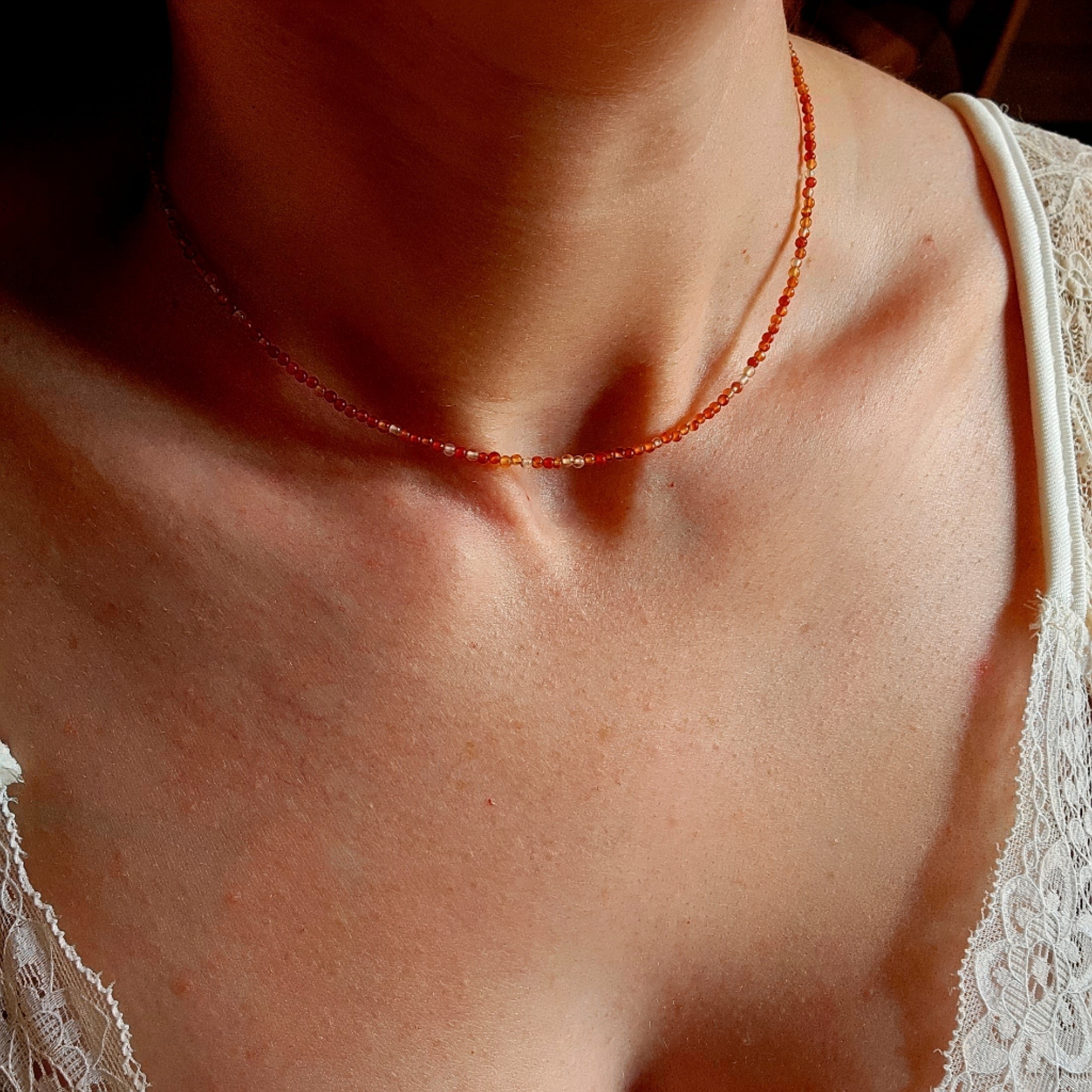 Fiery Carnelian Micro Round Choker/Layering Necklace for Creativity and Passion