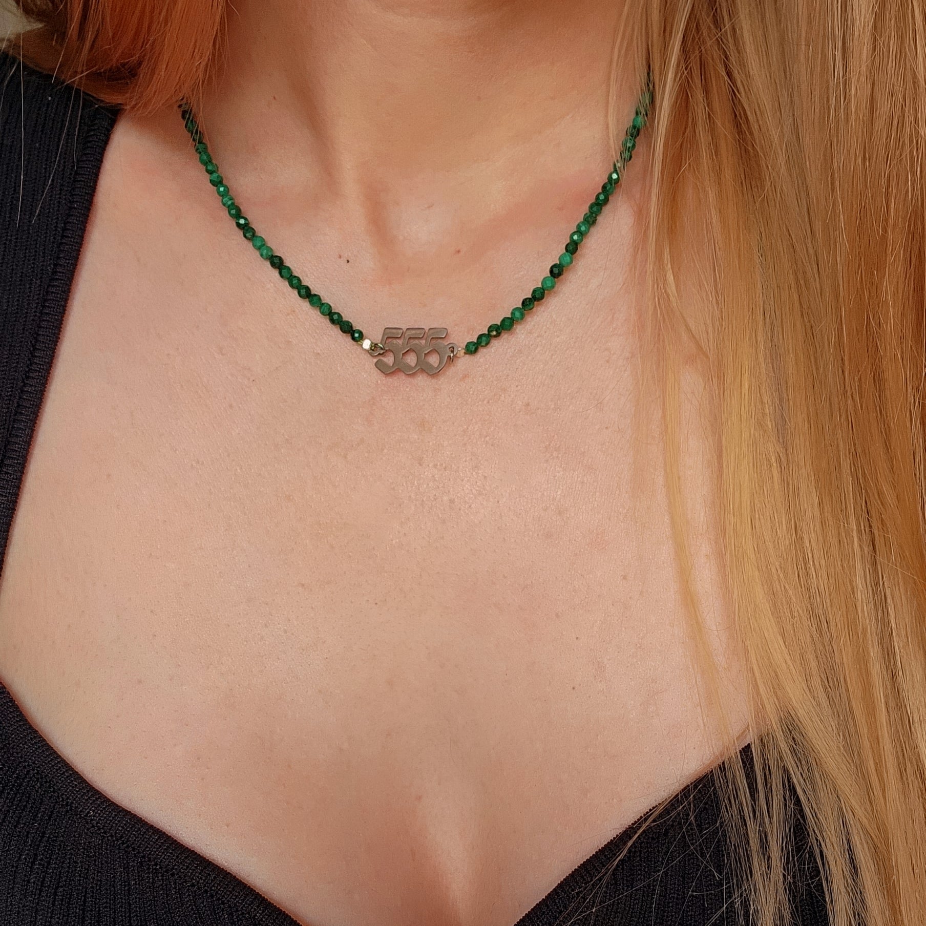 555 Angel Number Malachite Micro Faceted Choker/Layering Necklace for Adventure, Change and Transformation