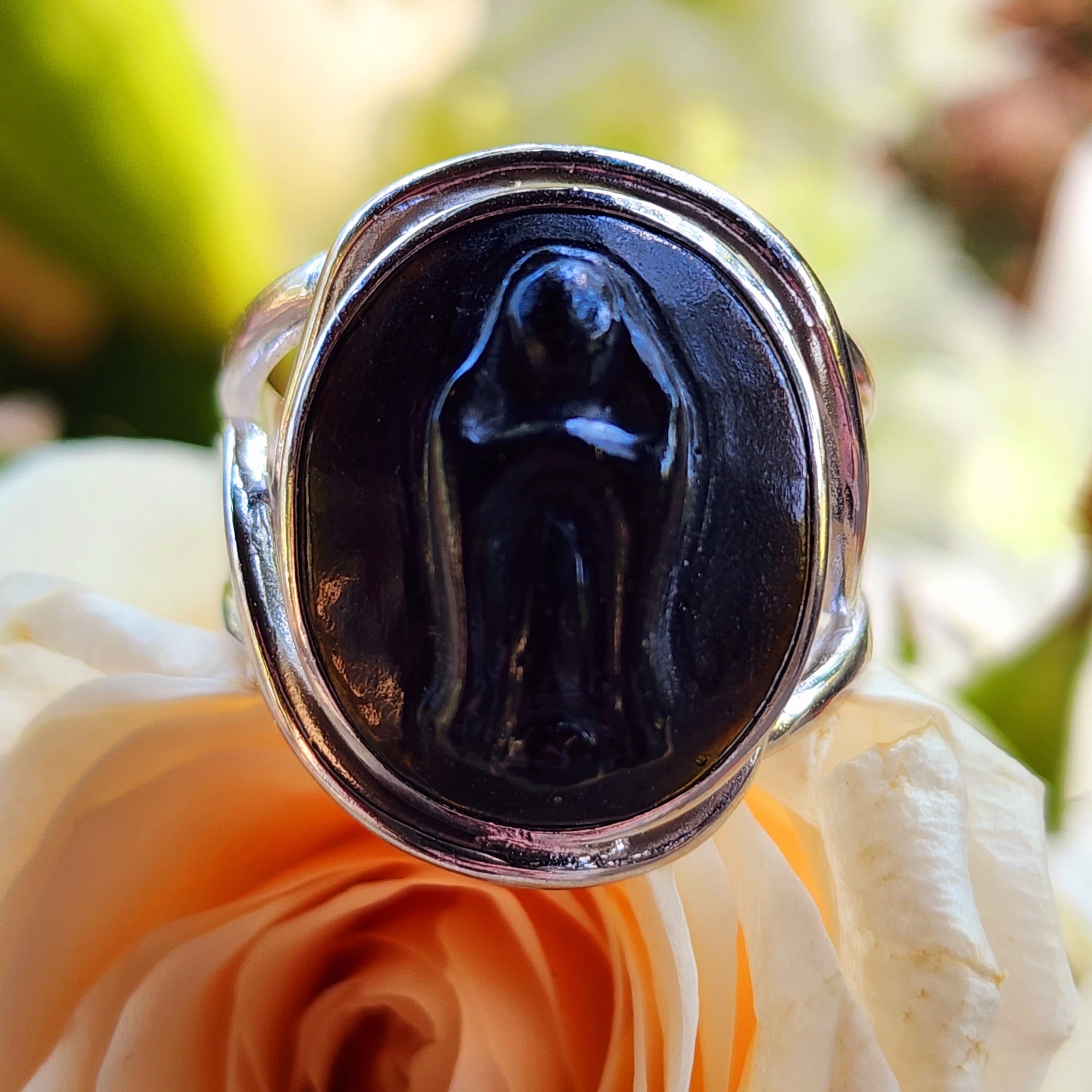 Black Obsidian Mother Mary Finger Cuff Adjustable Ring .925 Silver for Divine Guidance and Protection