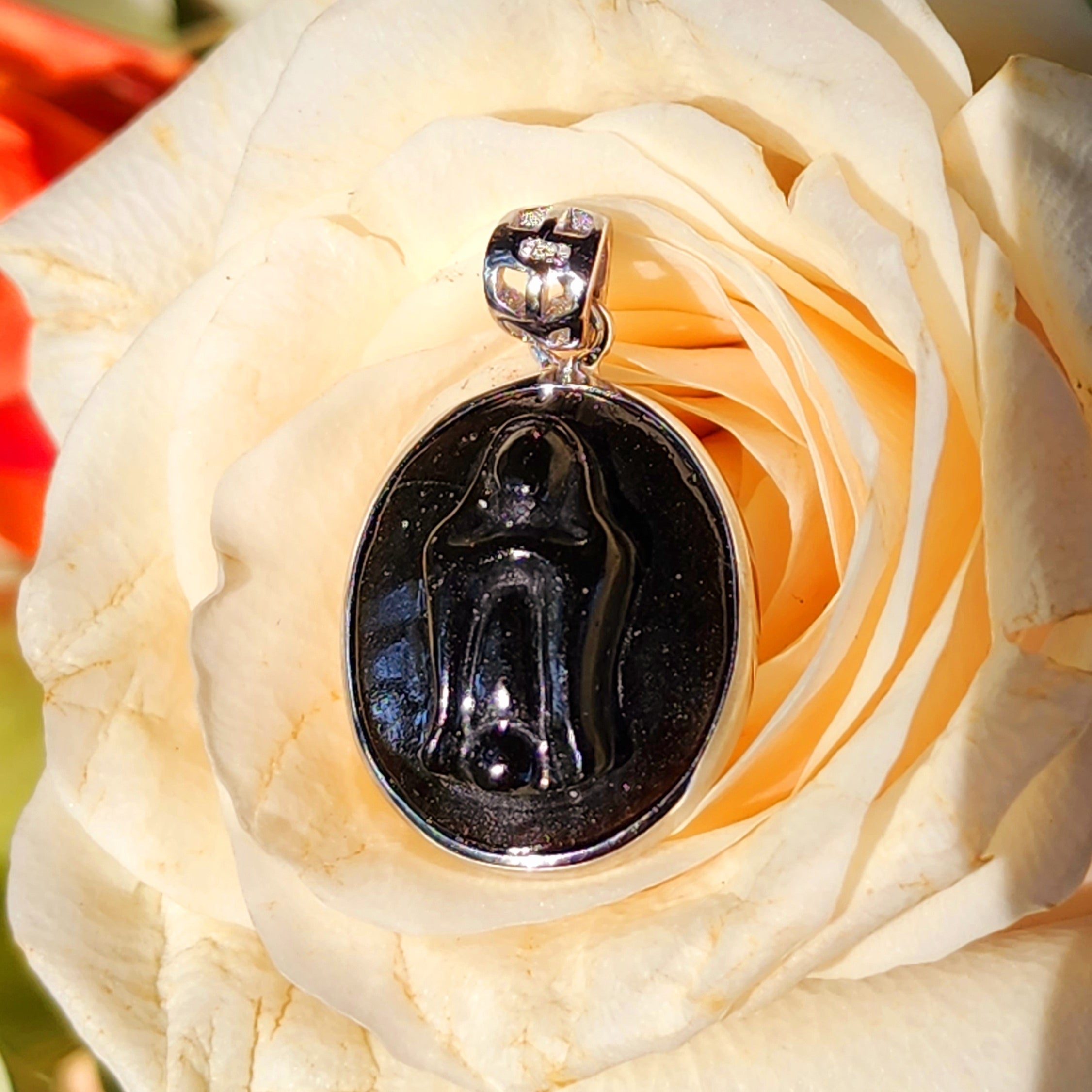 Black Obsidian Mother Mary Pendant .925 Silver for Divine Guidance and Protection
