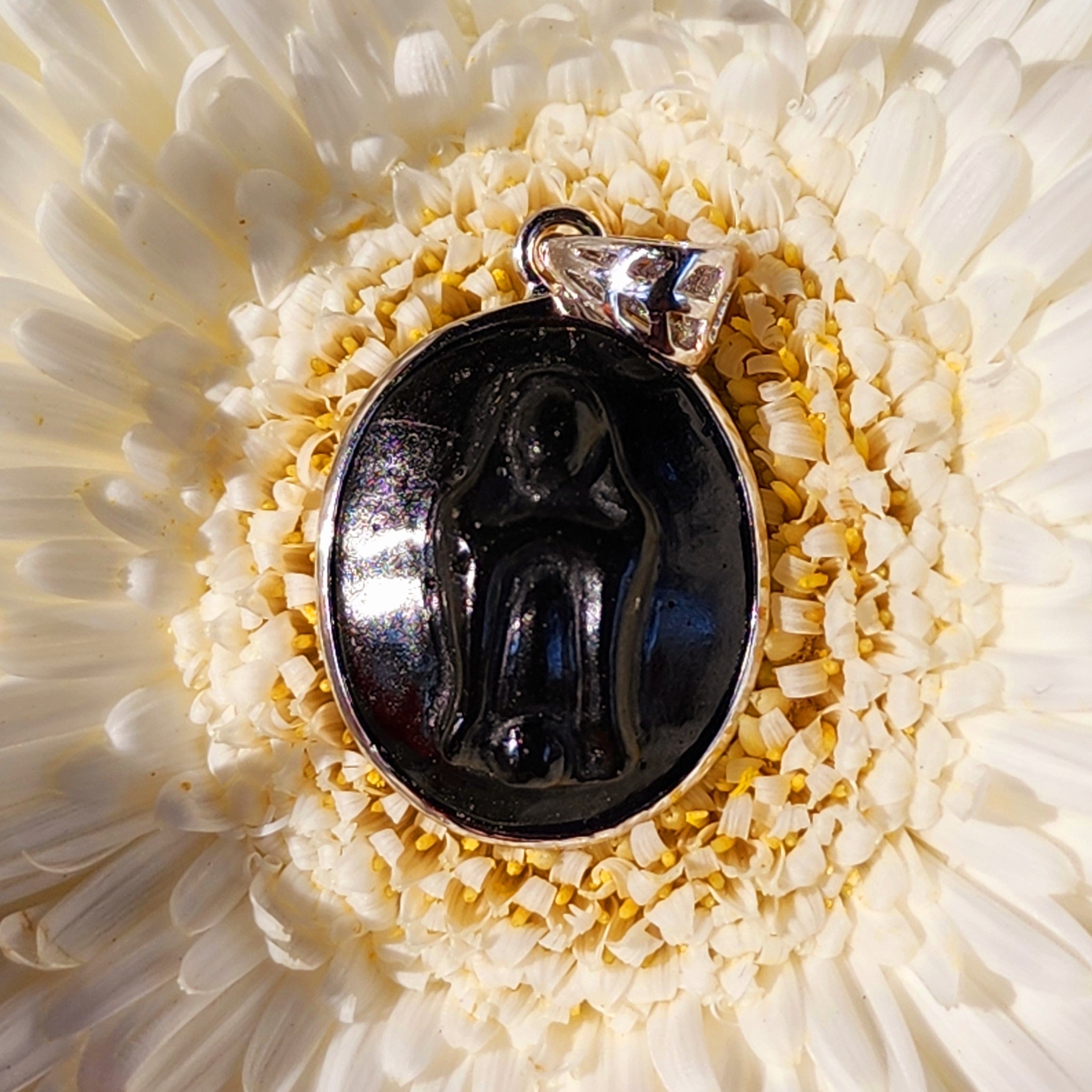 Black Obsidian Mother Mary Pendant .925 Silver for Divine Guidance and Protection