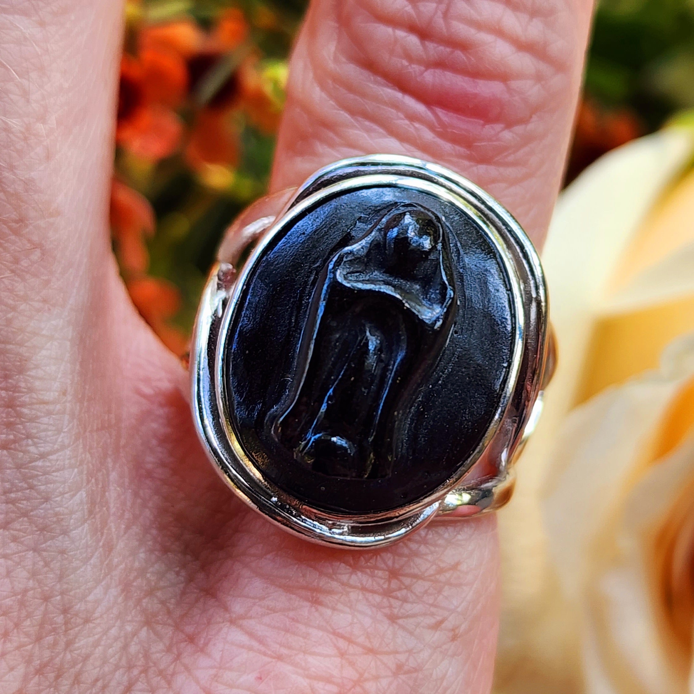 Black Obsidian Mother Mary Finger Cuff Adjustable Ring .925 Silver for Divine Guidance and Protection