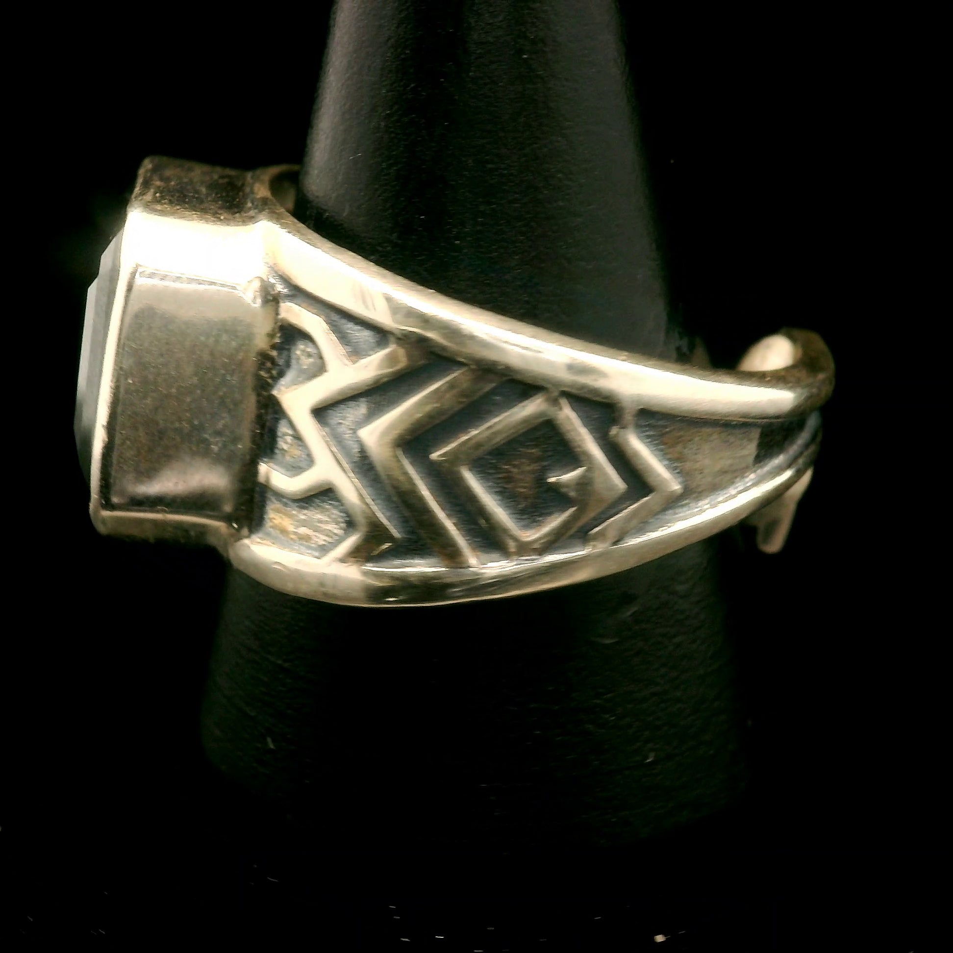 Black Spinel Tribal Cuff Ring .925 Silver for Empowerment, Grounding and Protection