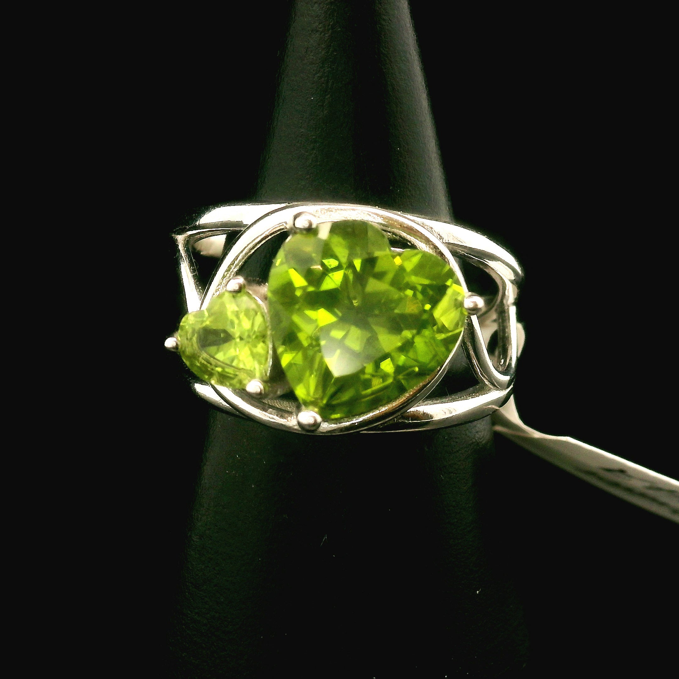 Double Peridot Heart Cuff Ring .925 Silver for Health and Strength