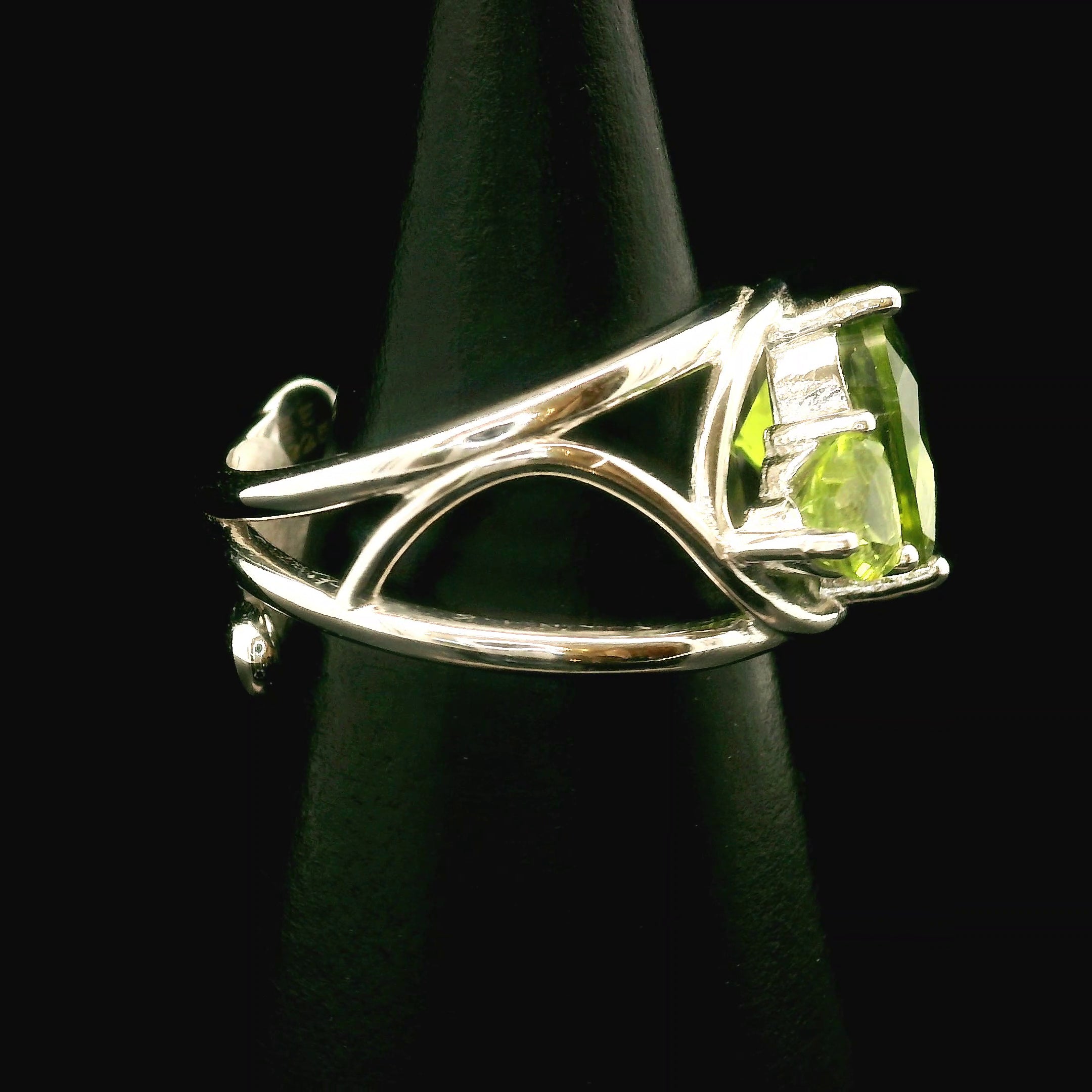 Double Peridot Heart Cuff Ring .925 Silver for Health and Strength
