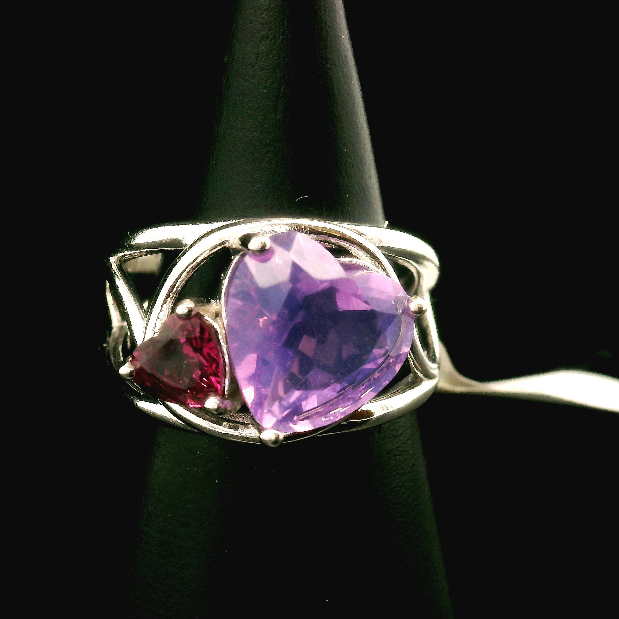 Lavender Moon Quartz & Garnet Heart Cuff Ring .925 Silver for Angelic Wisdom