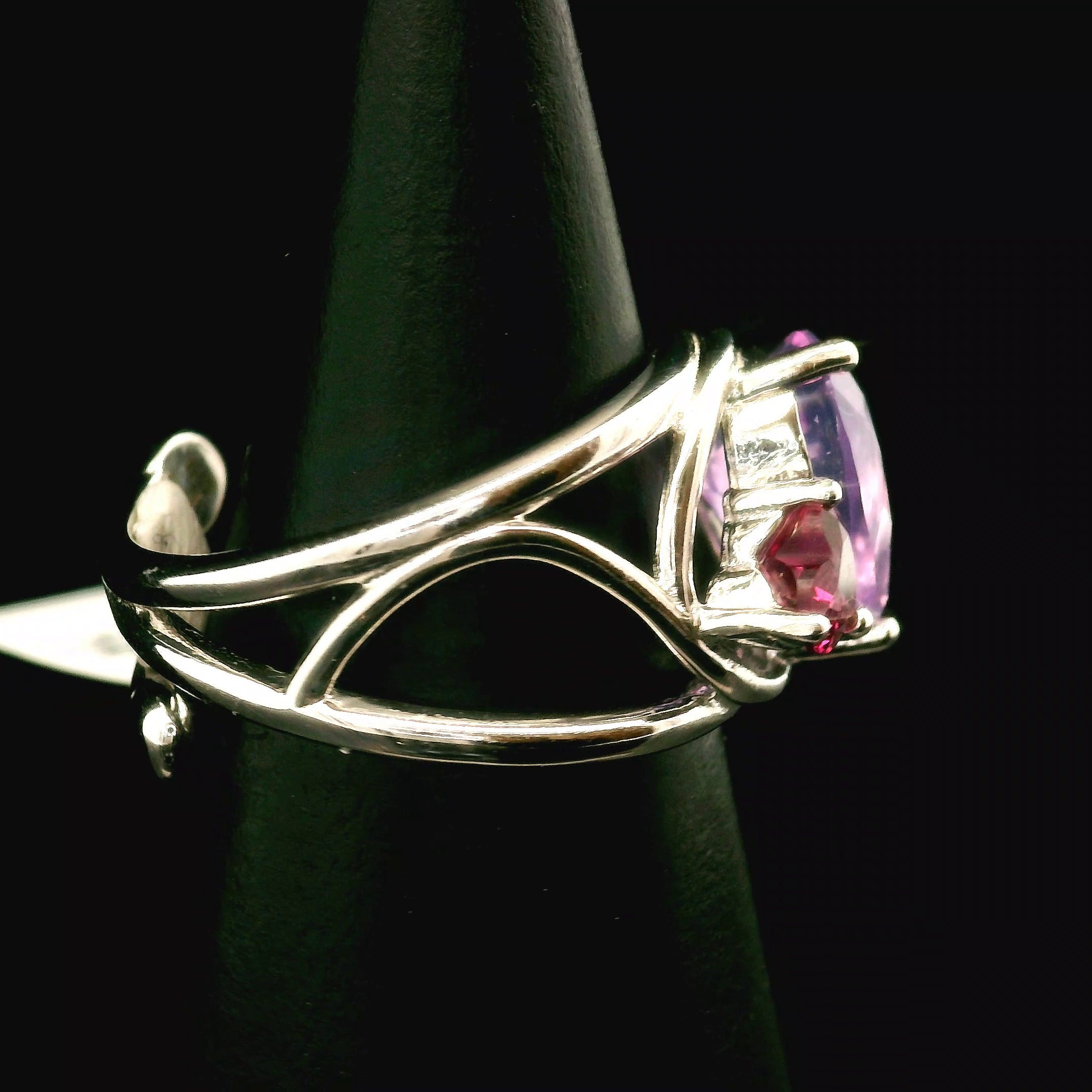 Lavender Moon Quartz & Garnet Heart Cuff Ring .925 Silver for Angelic Wisdom