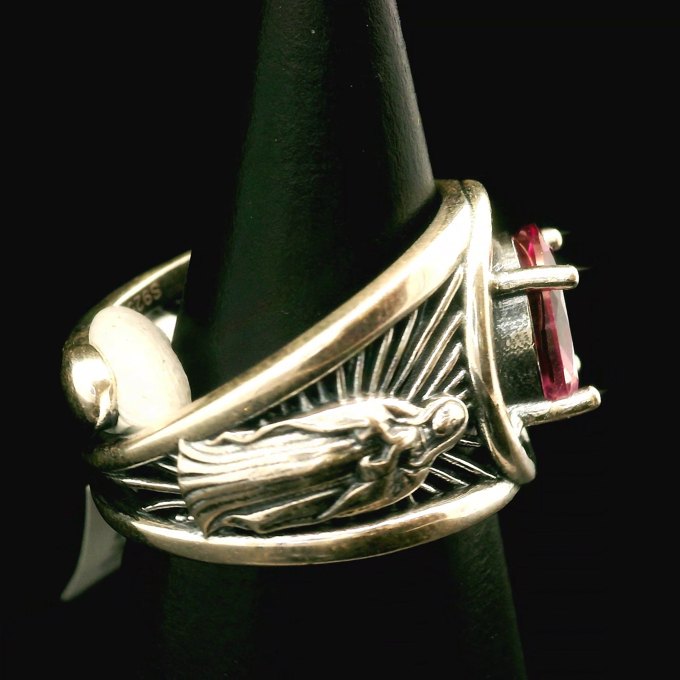 Pink Topaz Mother Mary and Jesus Cuff Ring .925 Silver for Health, Protection, Amplifying Intentions & Accelerating Manifestations