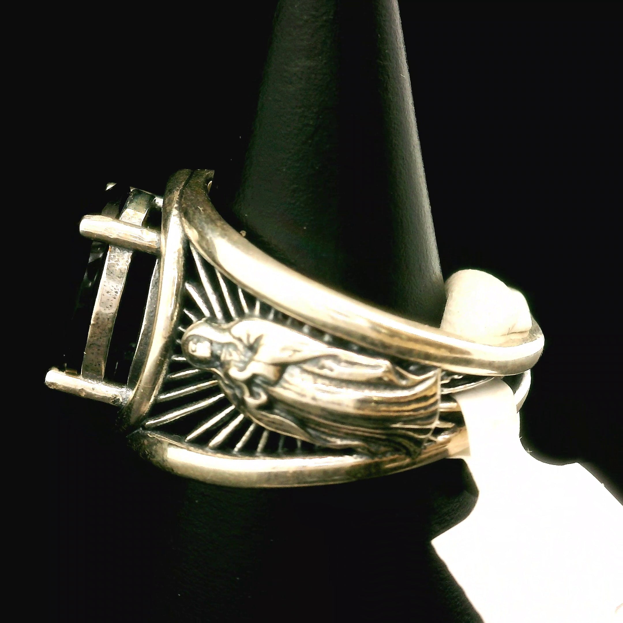 Black Spinel Mother Mary Cuff Ring .925 Silver for Empowerment, Grounding and Protection