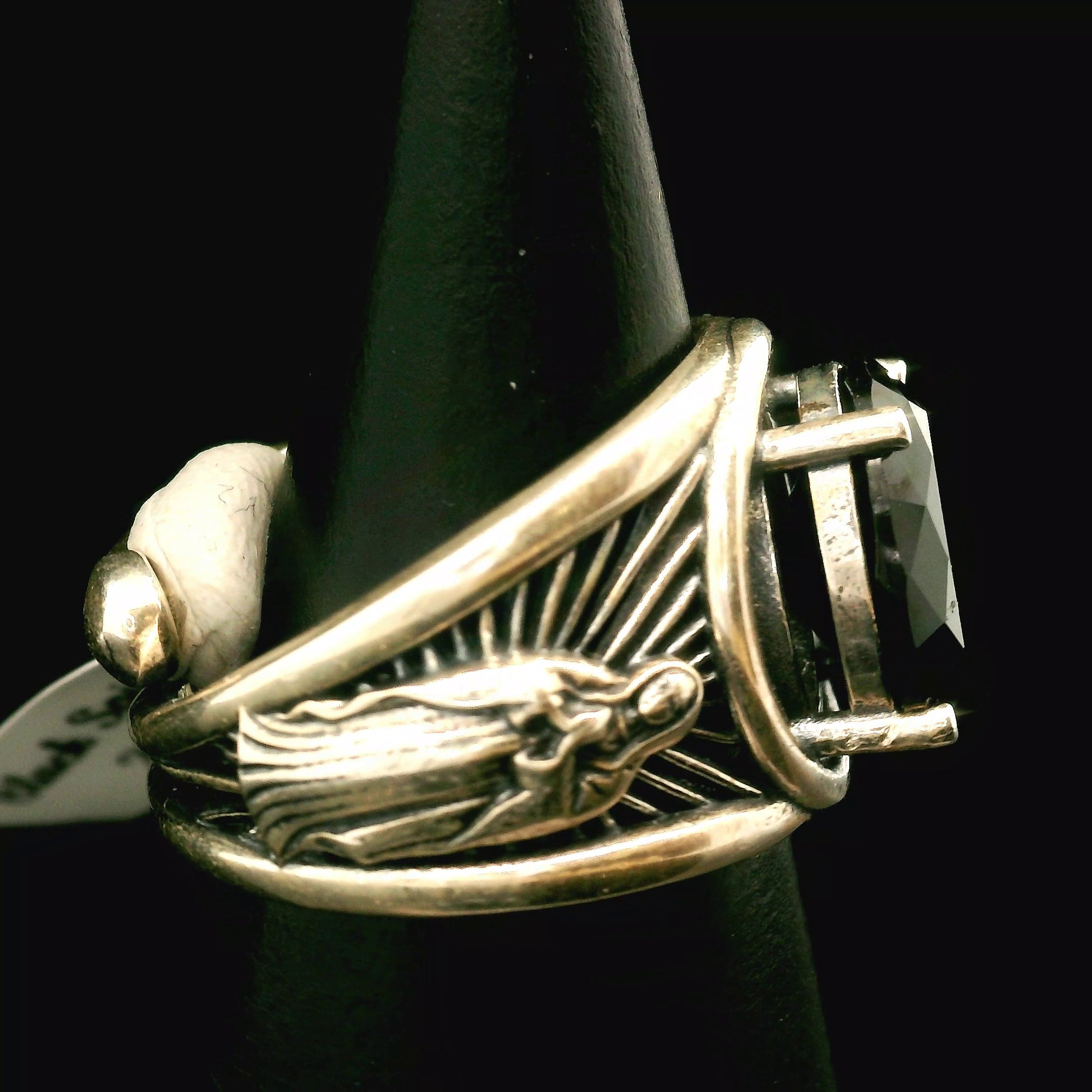 Black Spinel Mother Mary Cuff Ring .925 Silver for Empowerment, Grounding and Protection