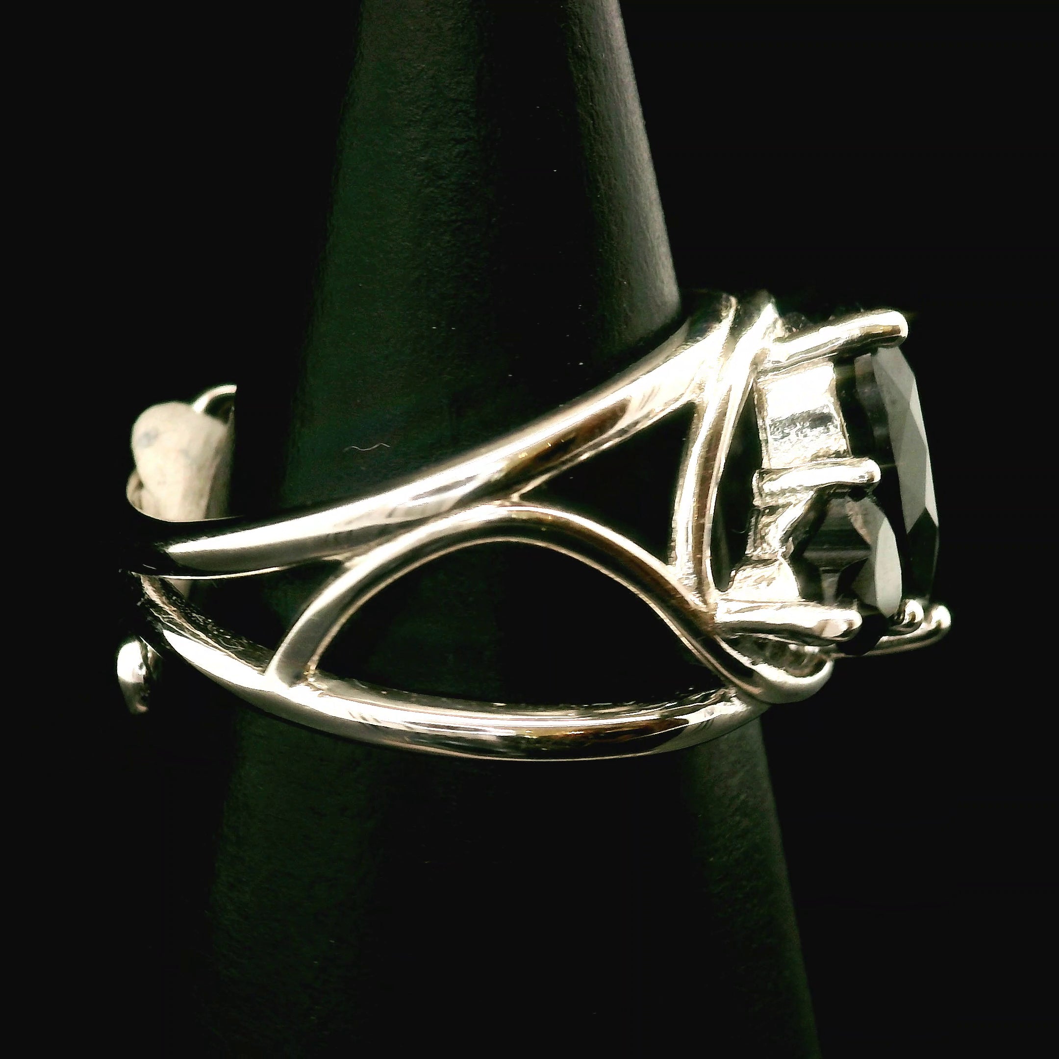 Black Spinel Double Heart Cuff Ring .925 Silver for Empowerment, Grounding and Protection