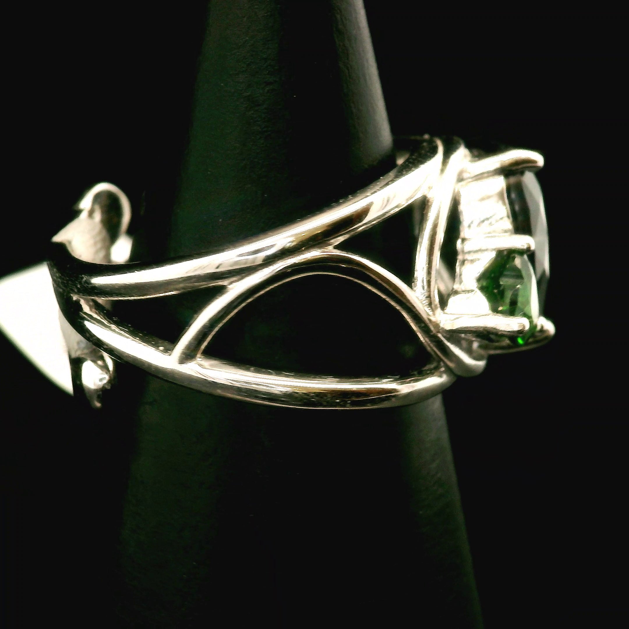 Black Spinel and Chrome Diopside Double Heart Cuff Ring .925 Silver for Empowerment, Grounding and Protection