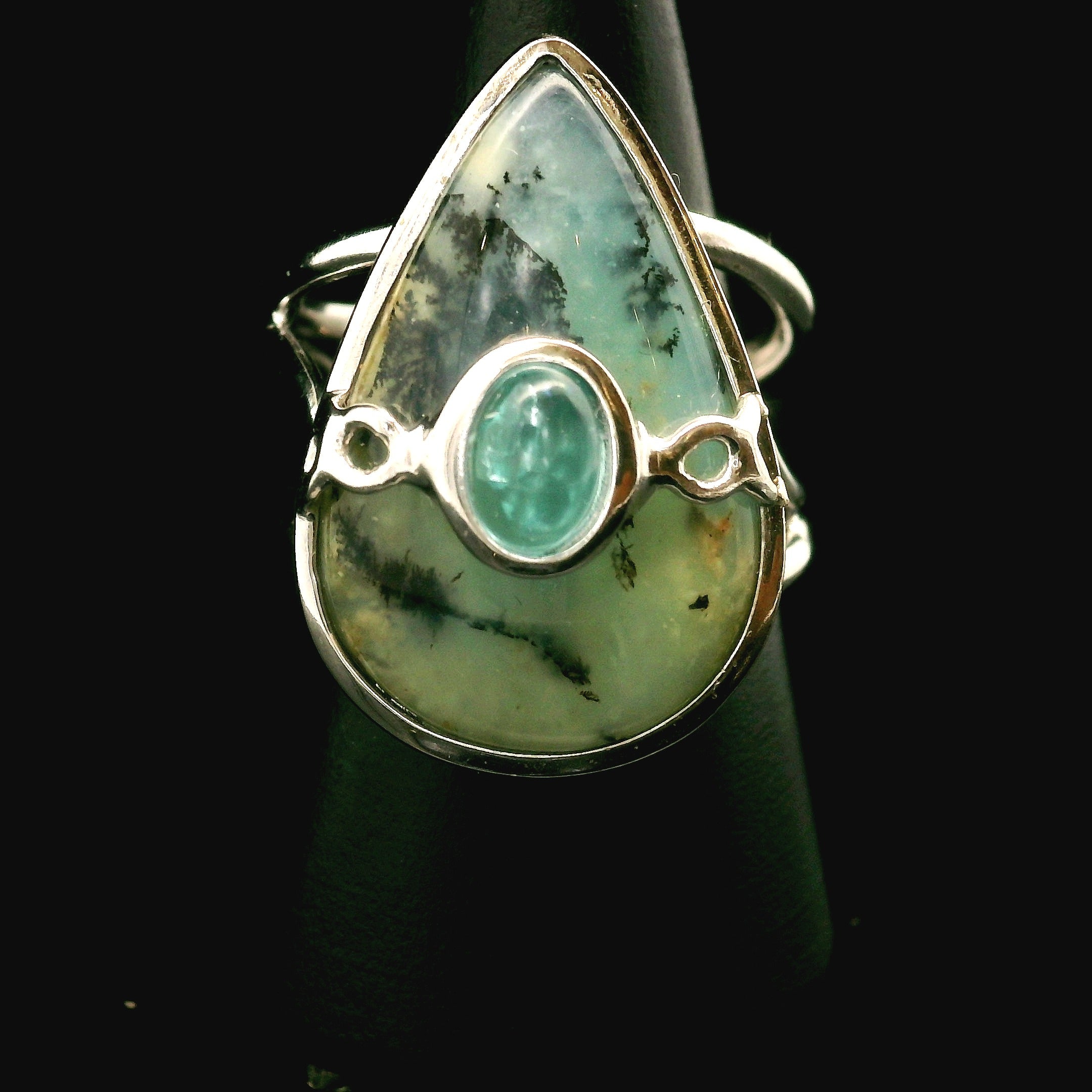 Blue Opal With Apatite Cuff Ring .925 Silver for Encouraging Surrender to the Divine Will