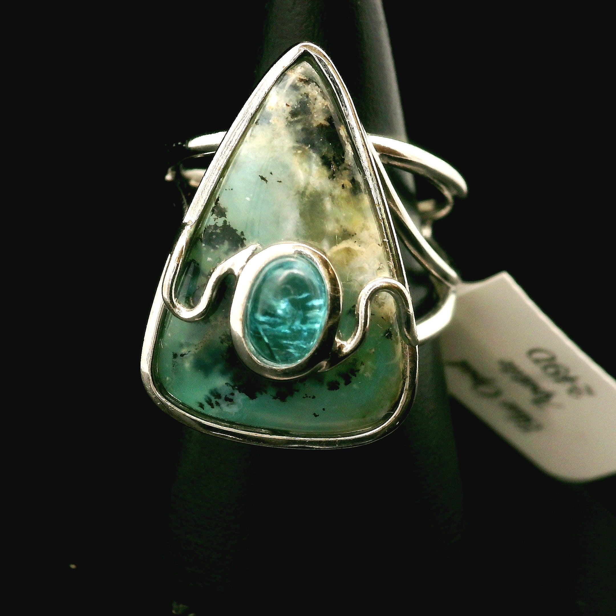 Blue Opal With Apatite Cuff Ring .925 Silver for Encouraging Surrender to the Divine Will