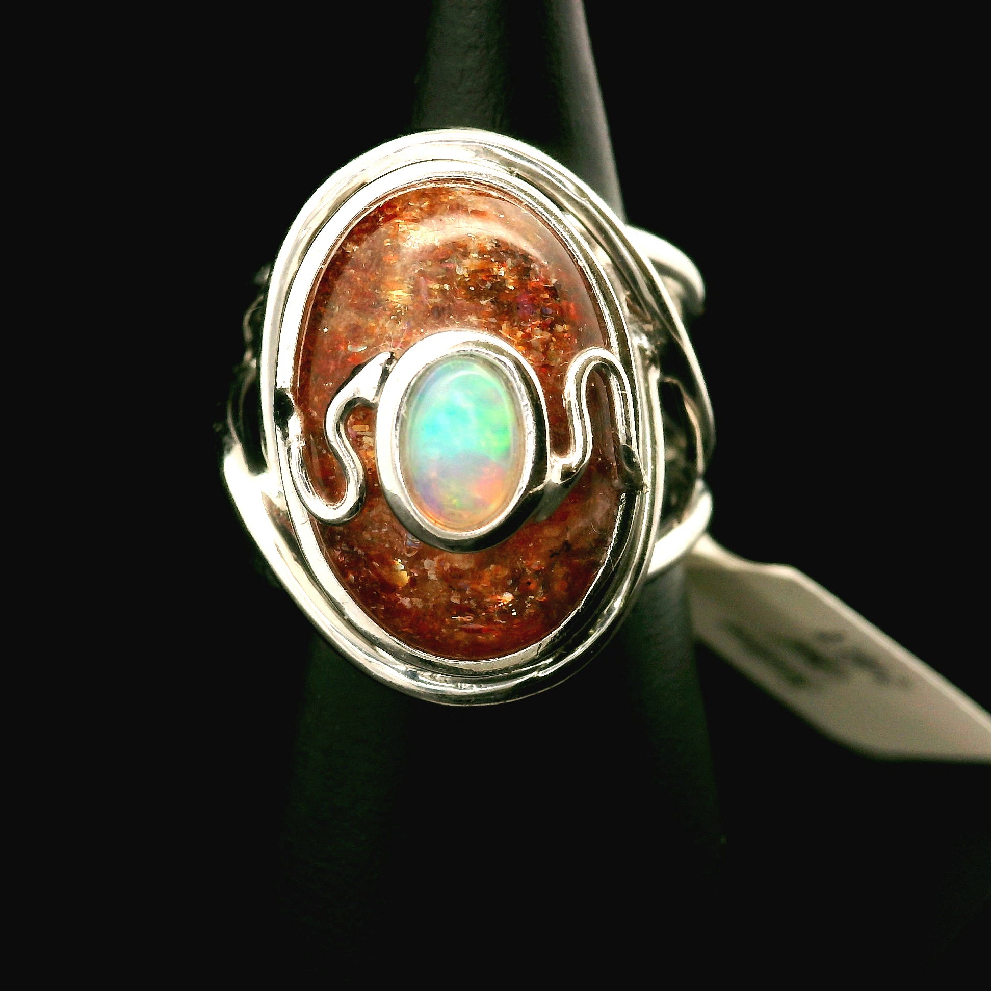 Sunstone and Opal Cuff Ring .925 Silver for Confidence and Strength
