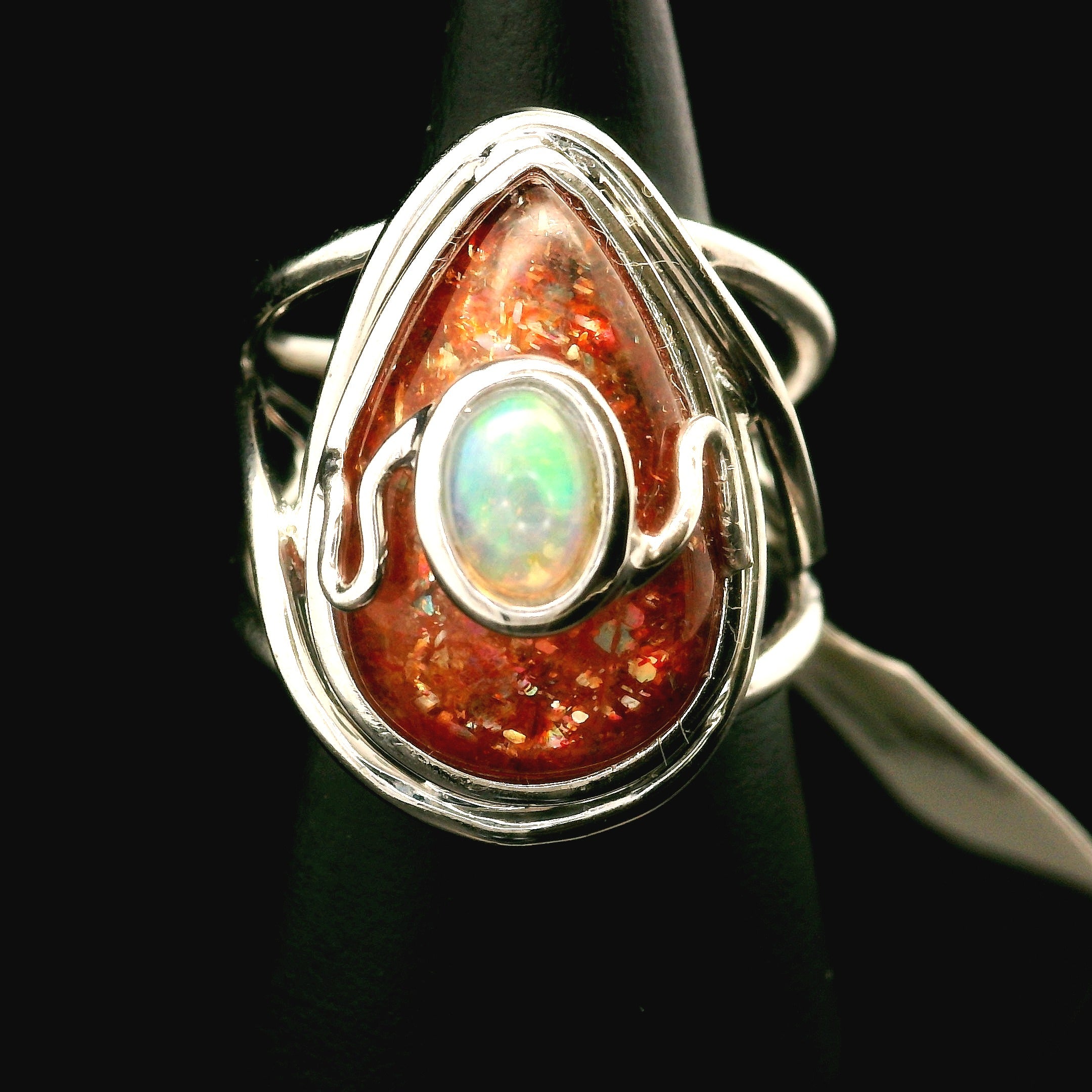 Sunstone and Opal Cuff Ring .925 Silver for Confidence and Strength
