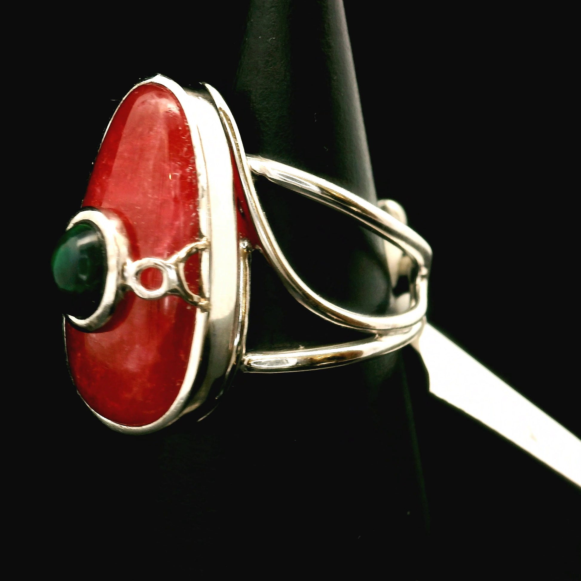 Rhodonite and Black Opal Finger Cuff Adjustable Ring .925 Sterling Silver for Attracting Love, Harmonizing Relationships and Knowing your Worth