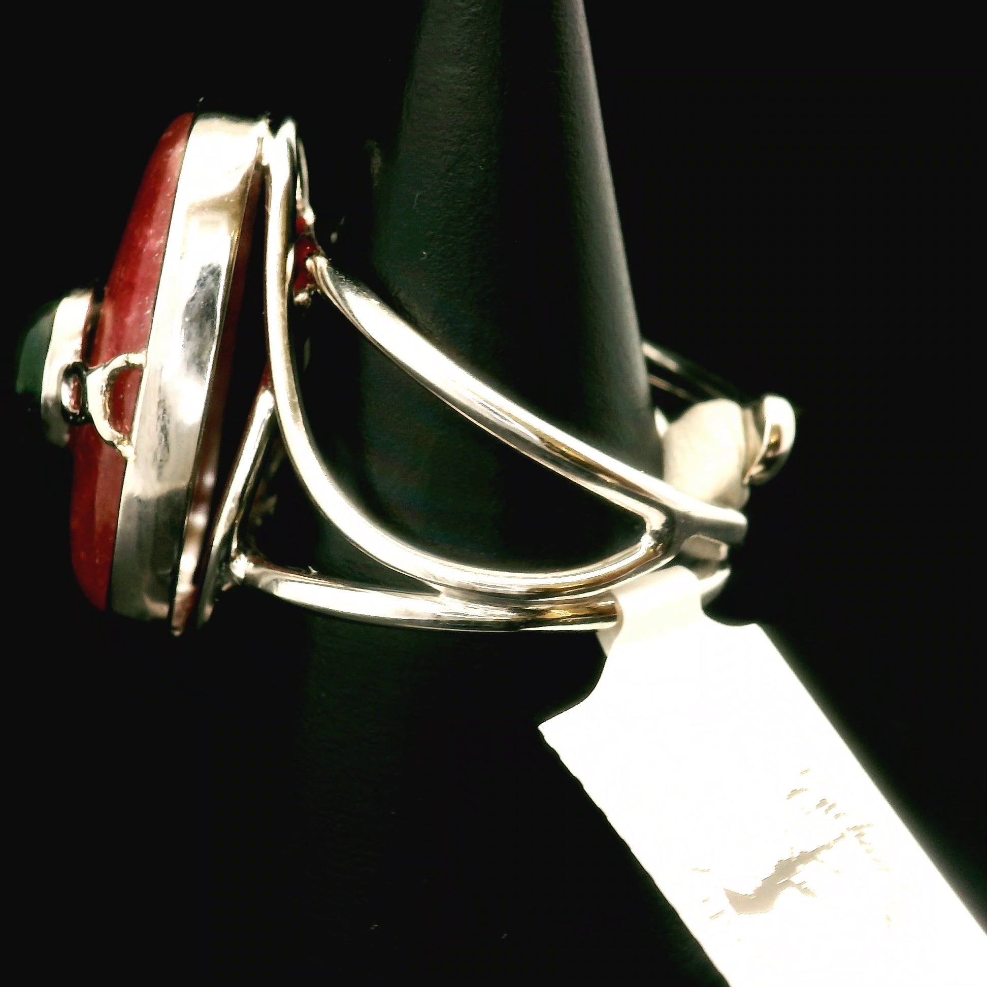 Rhodonite and Black Opal Finger Cuff Adjustable Ring .925 Sterling Silver for Attracting Love, Harmonizing Relationships and Knowing your Worth