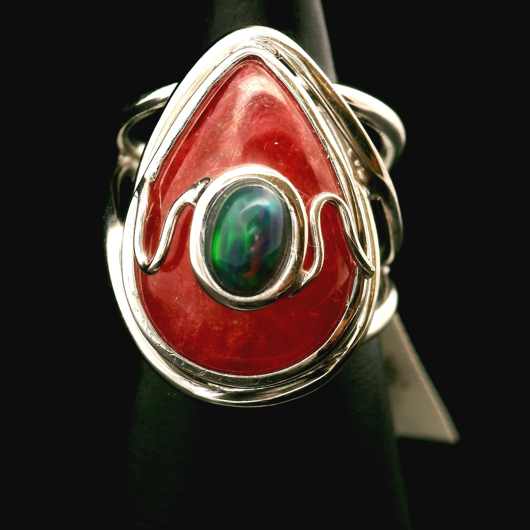 Rhodonite and Black Opal Finger Cuff Adjustable Ring .925 Sterling Silver for Attracting Love, Harmonizing Relationships and Knowing your Worth