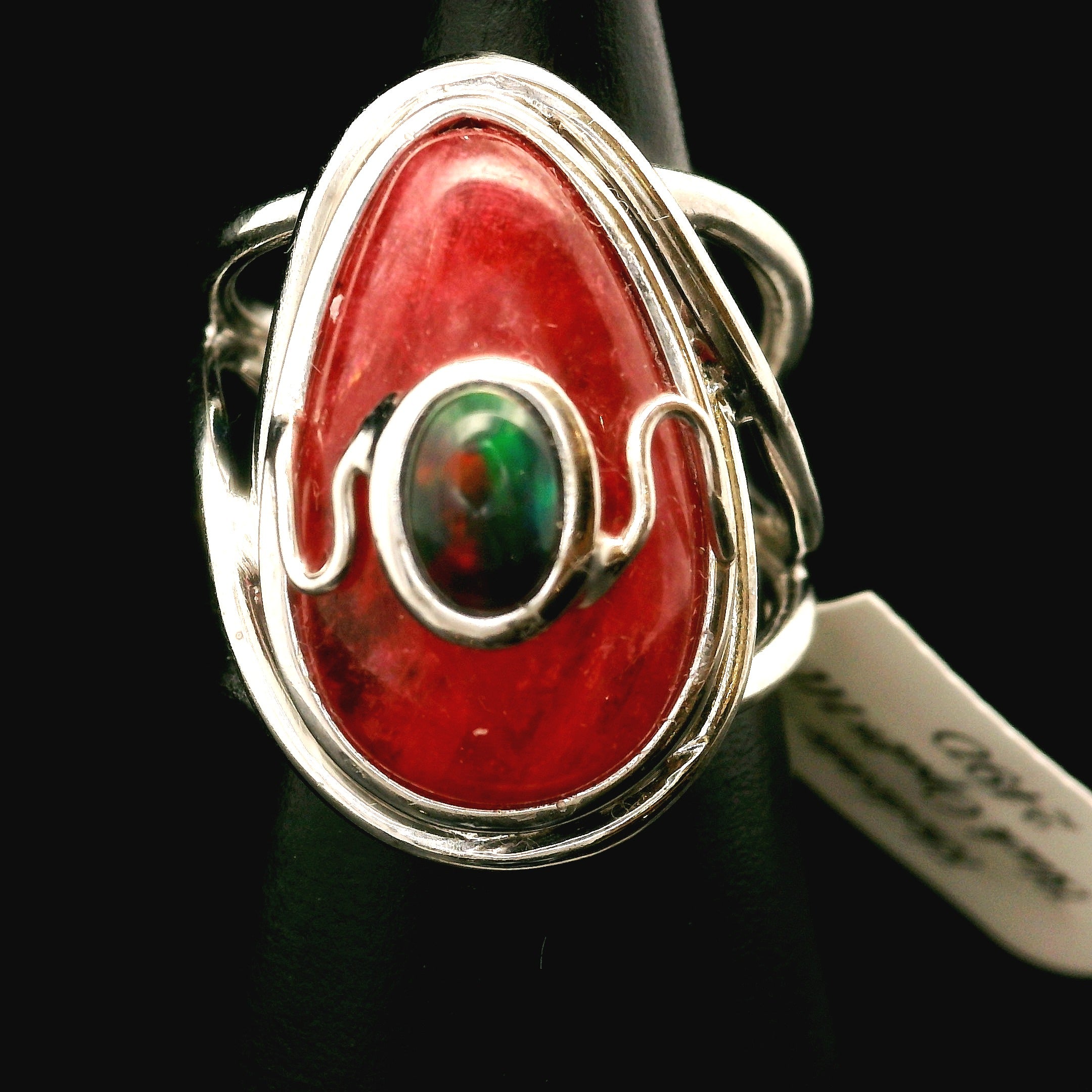 Rhodonite and Black Opal Finger Cuff Adjustable Ring .925 Sterling Silver for Attracting Love, Harmonizing Relationships and Knowing your Worth