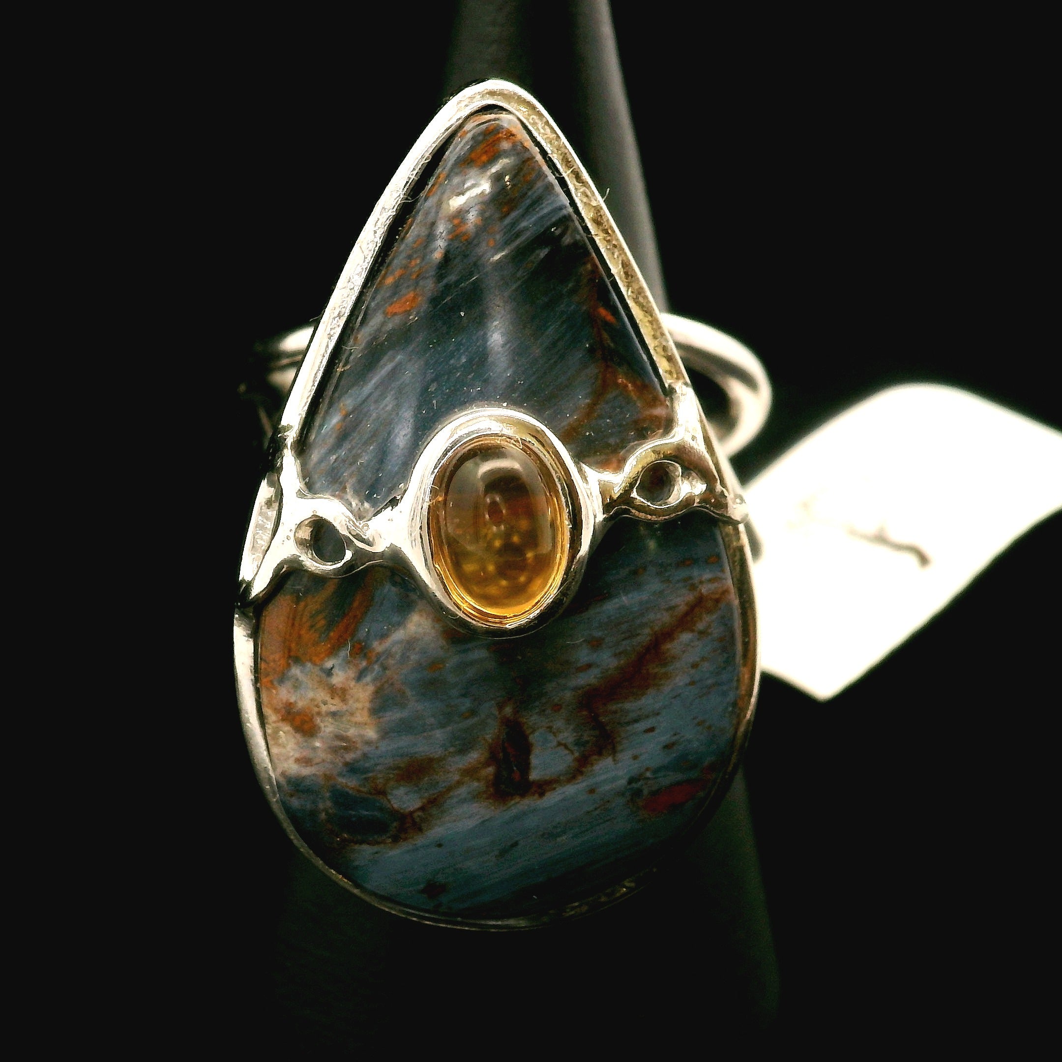 Pietersite and Citrine Cuff Ring .925 Silver for Intuition, Transformation and Willpower