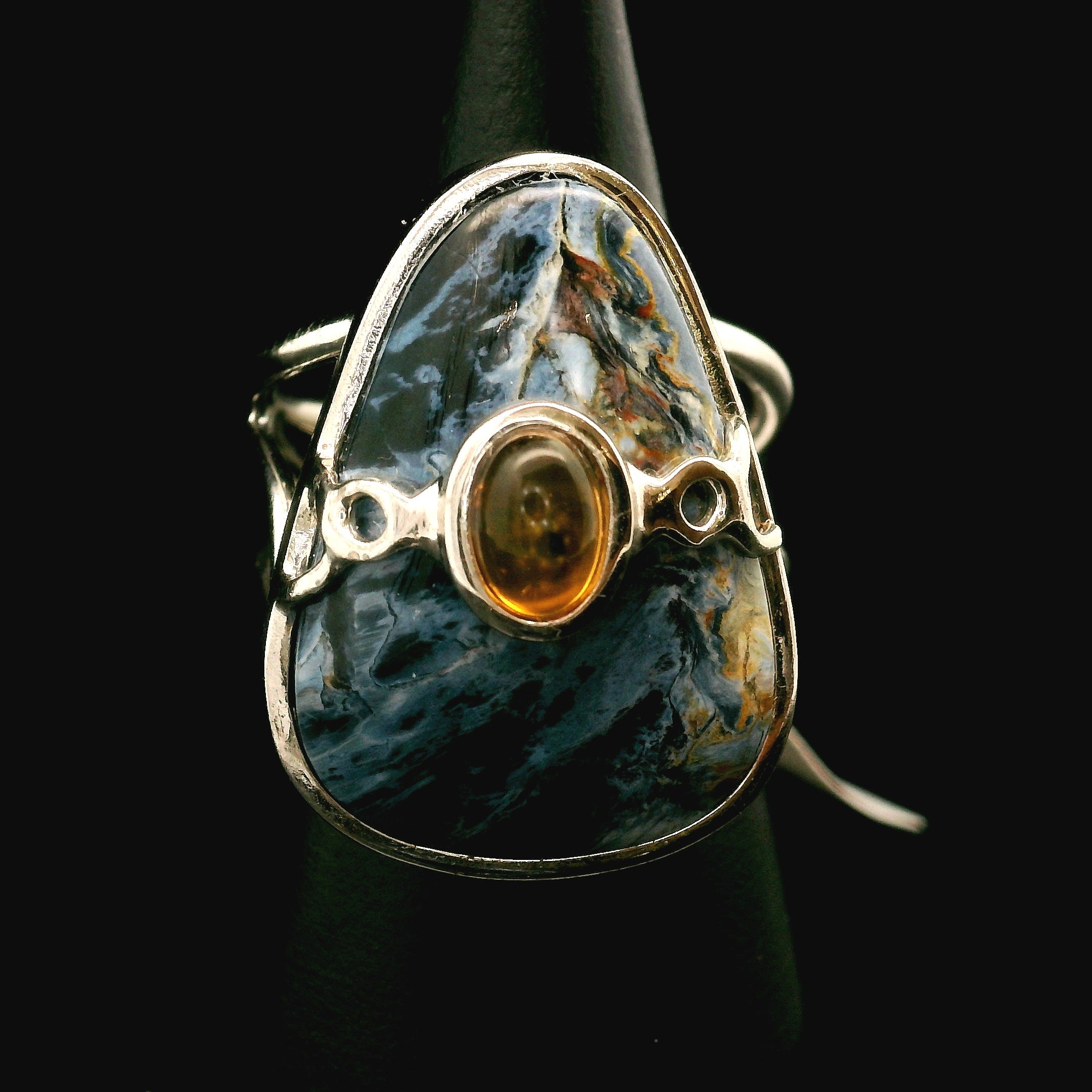 Pietersite and Citrine Cuff Ring .925 Silver for Intuition, Transformation and Willpower