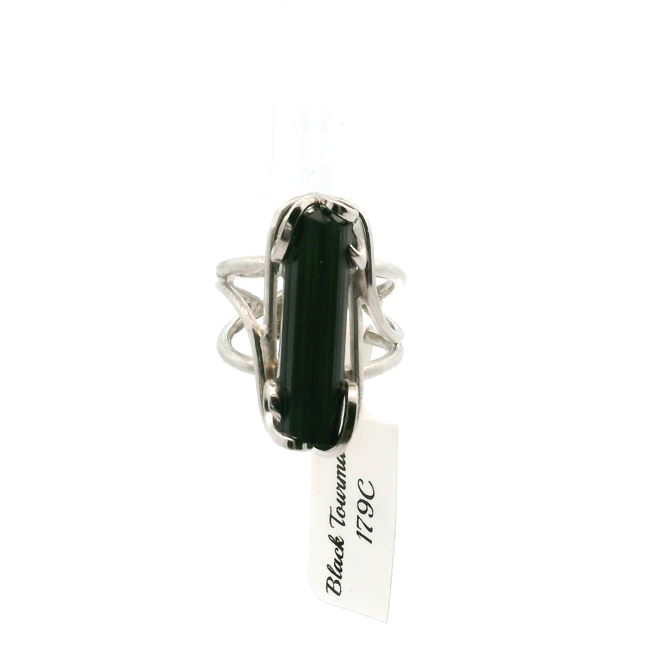 Black Tourmaline Cuff Ring .925 Silver for Protection and Energetic Purification