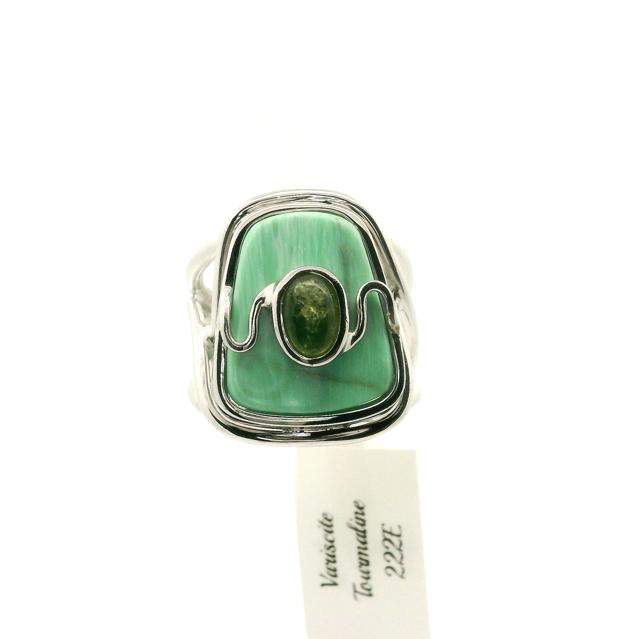Variscite & Tourmaline Cuff Ring .925 Silver for Emotional Healing, Joy, Love and Prosperity