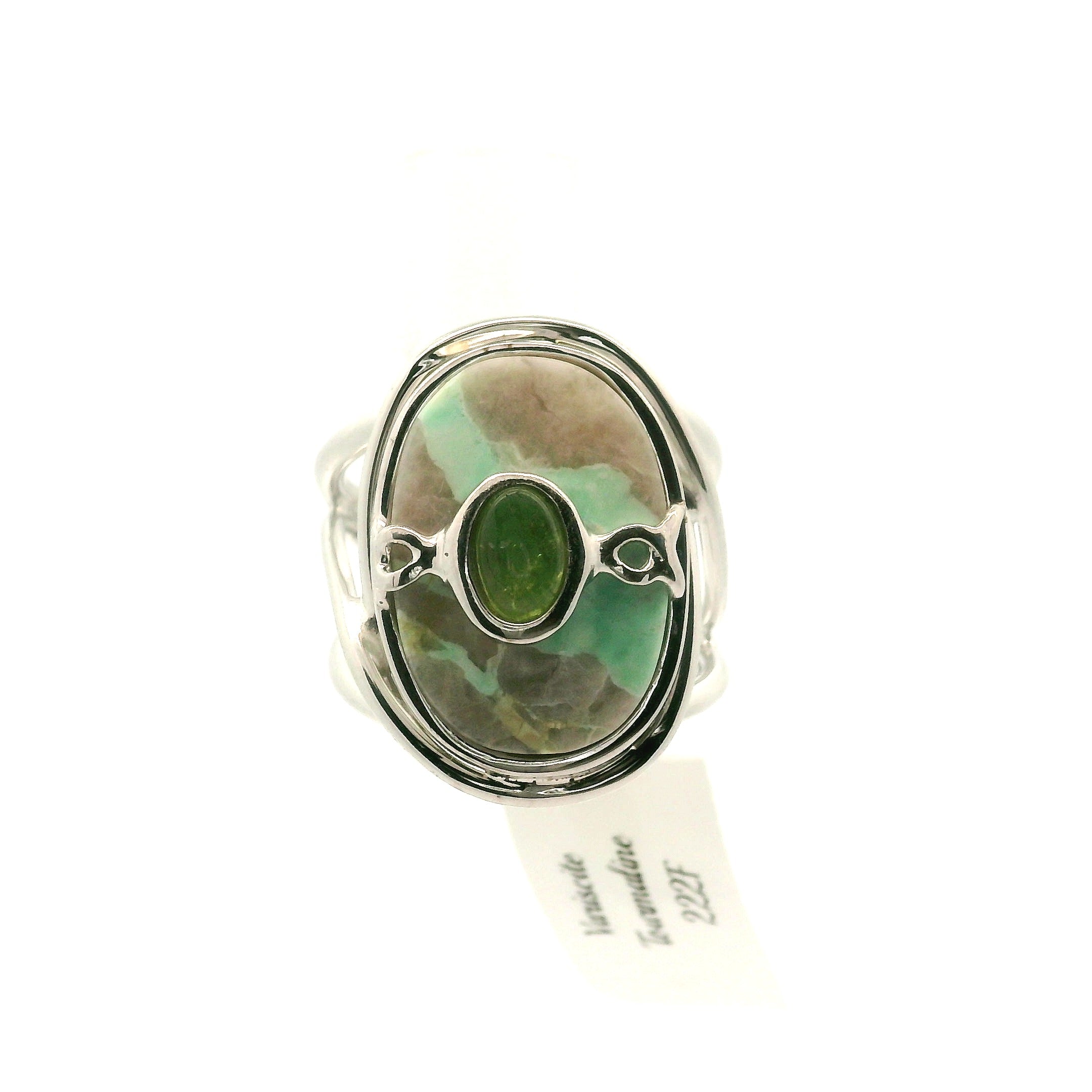 Variscite & Tourmaline Cuff Ring .925 Silver for Emotional Healing, Joy, Love and Prosperity