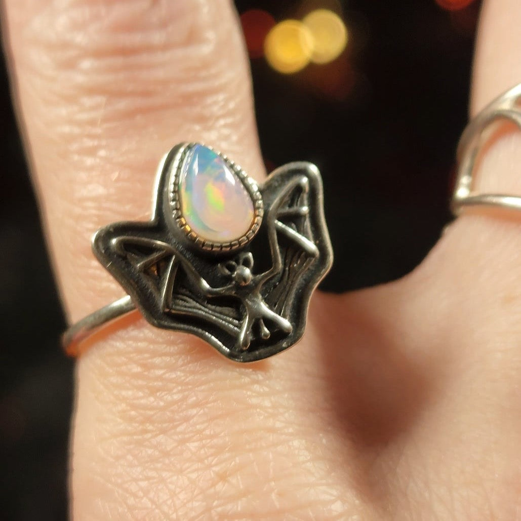 Ethiopian Opal Bat Adjustable Ring .925 Silver for Healing, Intuition and Shadow Work