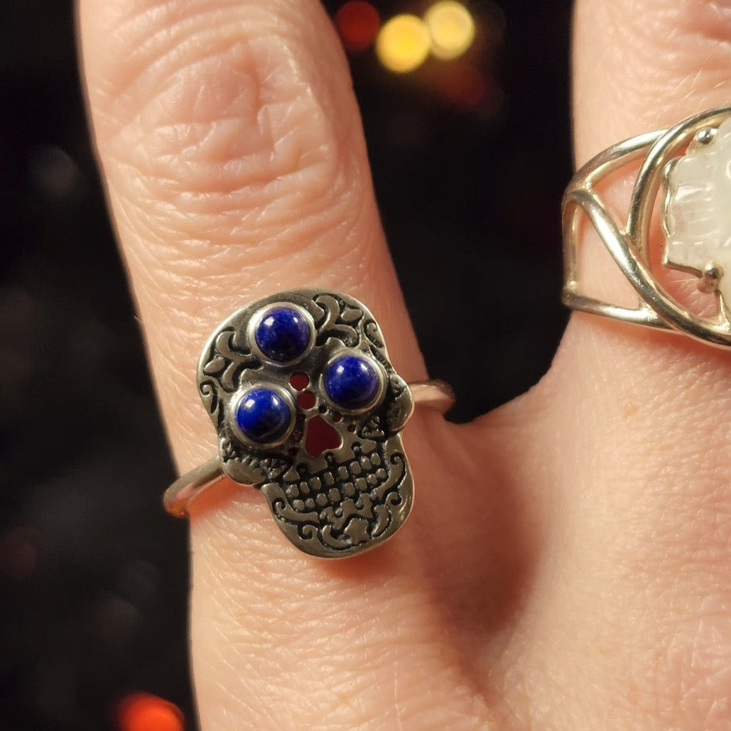 Sugar Skull Adjustable Ring .925 Silver for Connection, Protection and Wisdom