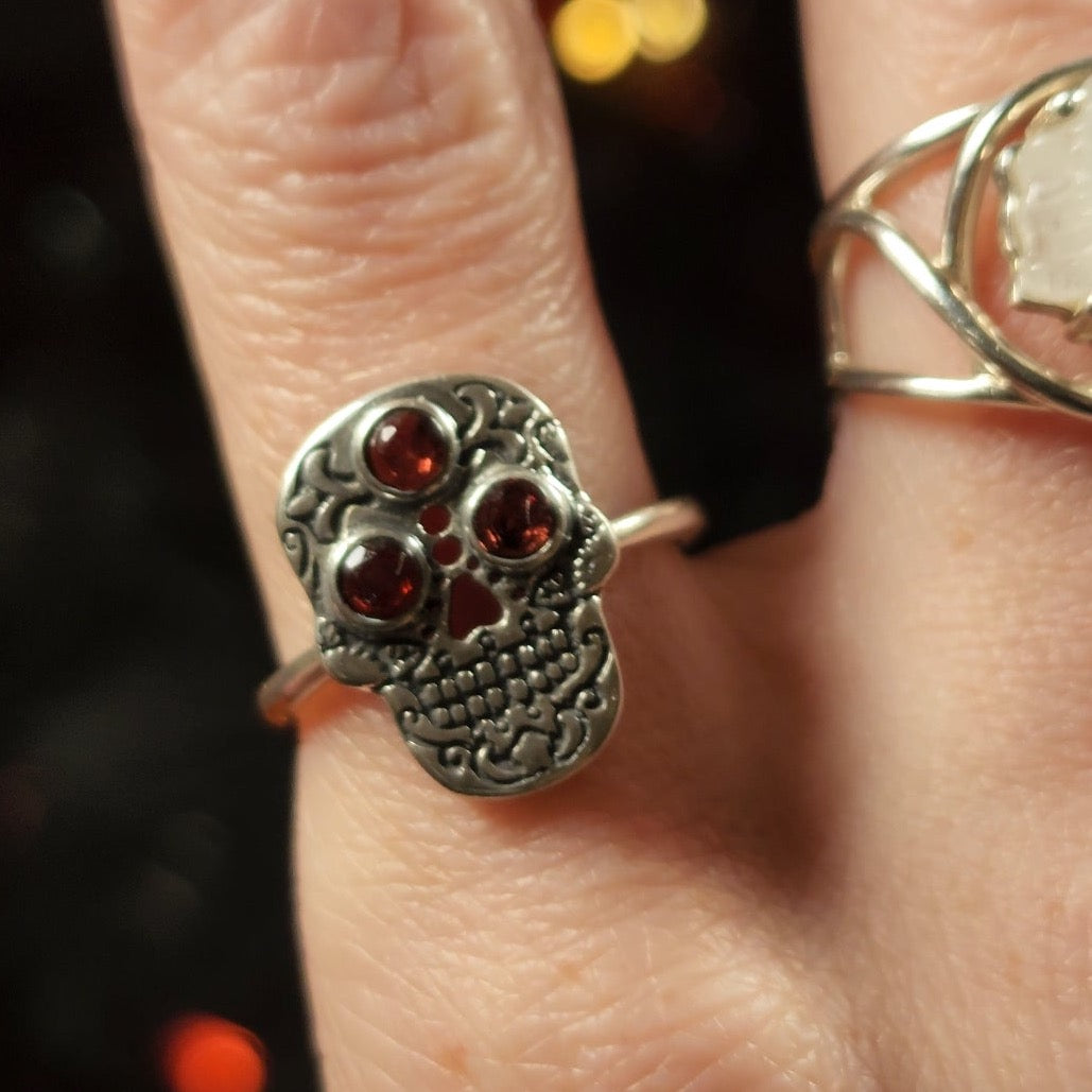 Sugar Skull Adjustable Ring .925 Silver for Connection, Protection and Wisdom