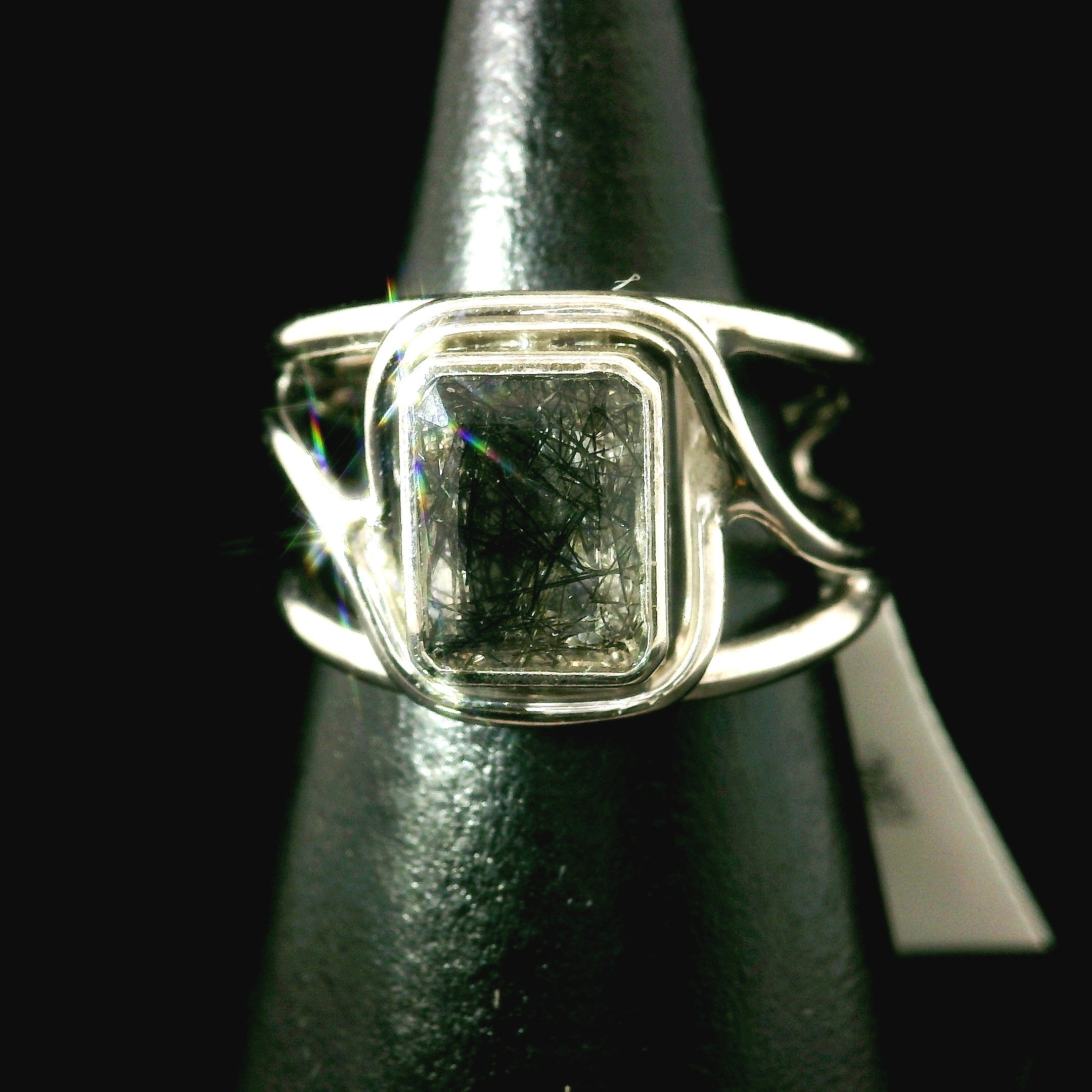 Black Rutilated Quartz Cuff Ring.925 Silver for Amplification and Protection