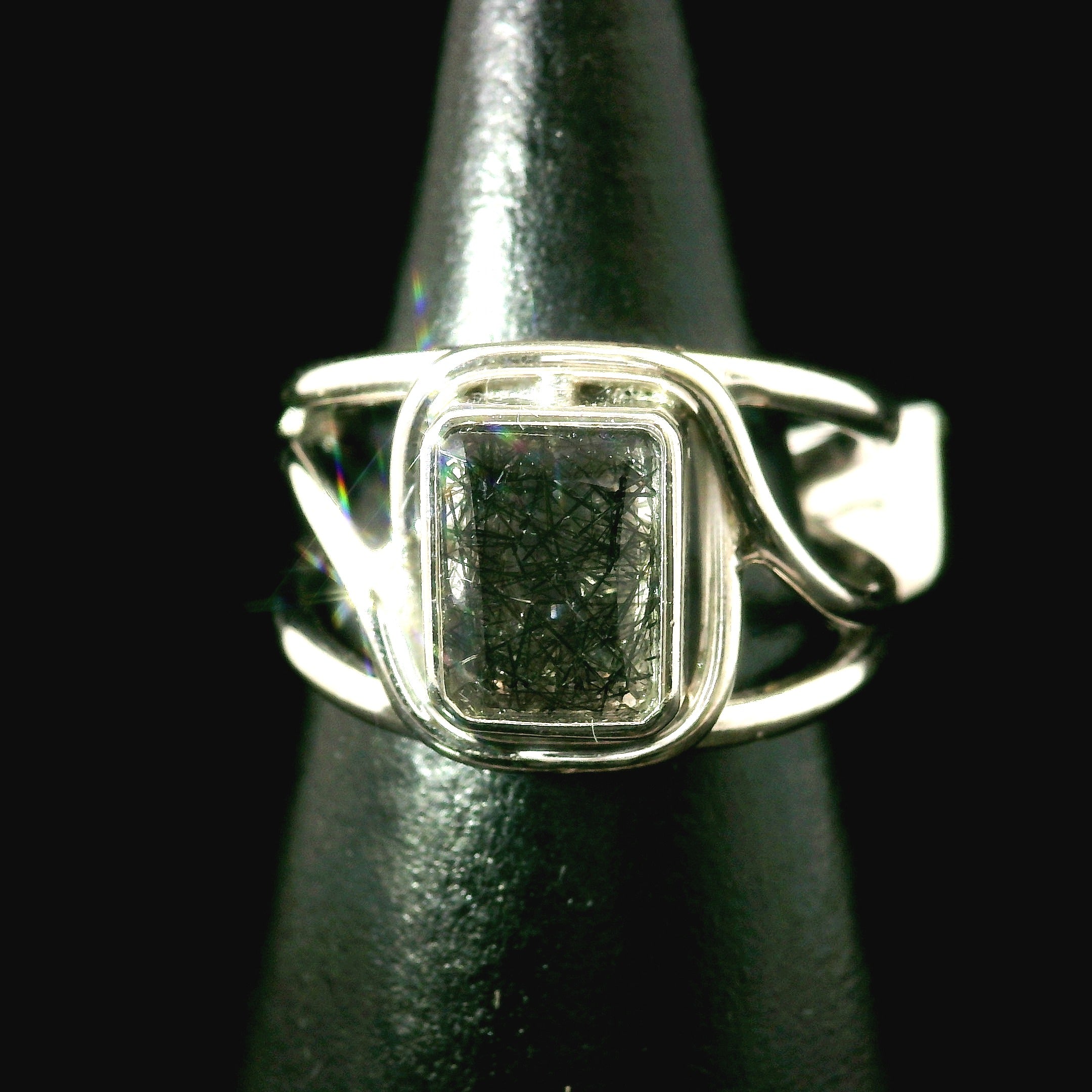 Black Rutilated Quartz Cuff Ring.925 Silver for Amplification and Protection