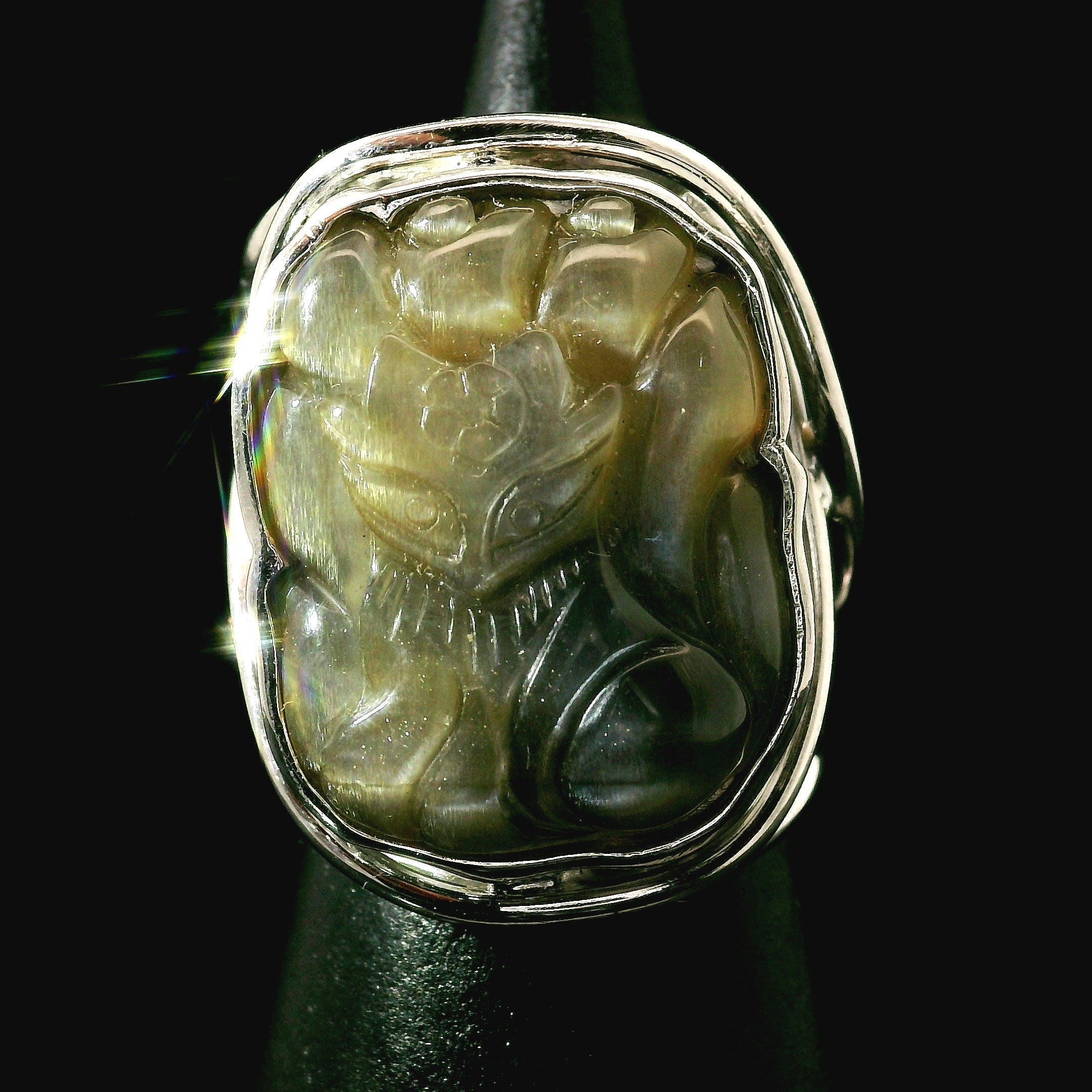 Black Moonstone with Sunstone Nine Tails Cuff Ring .925 Silver for Intuition, Confident New Beginnings and Manifestation