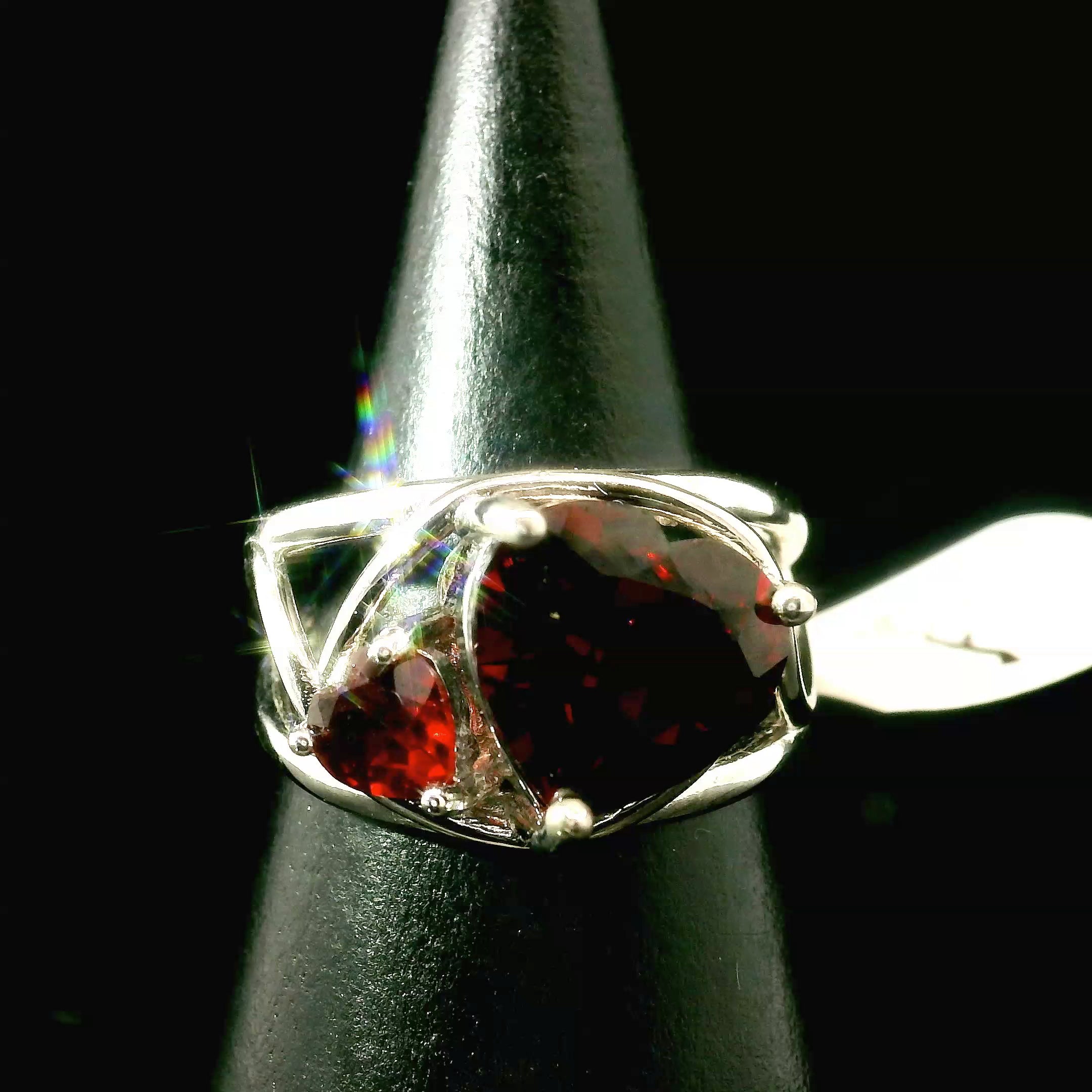 Double Garnet Heart Cuff Ring .925 Silver for Health and Strength