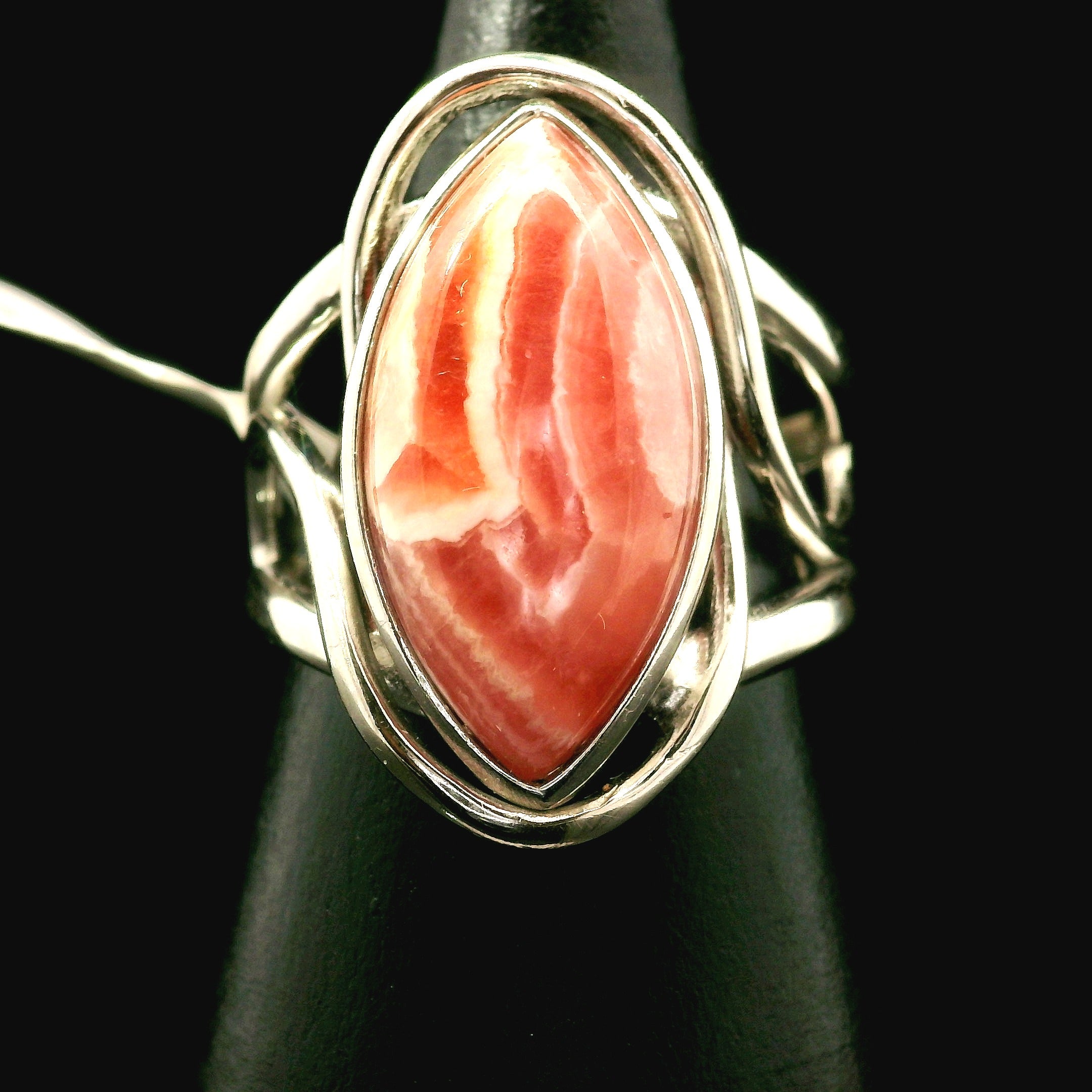 Rhodochrosite Cuff Ring .925 Silver for Emotional and Trauma Healing
