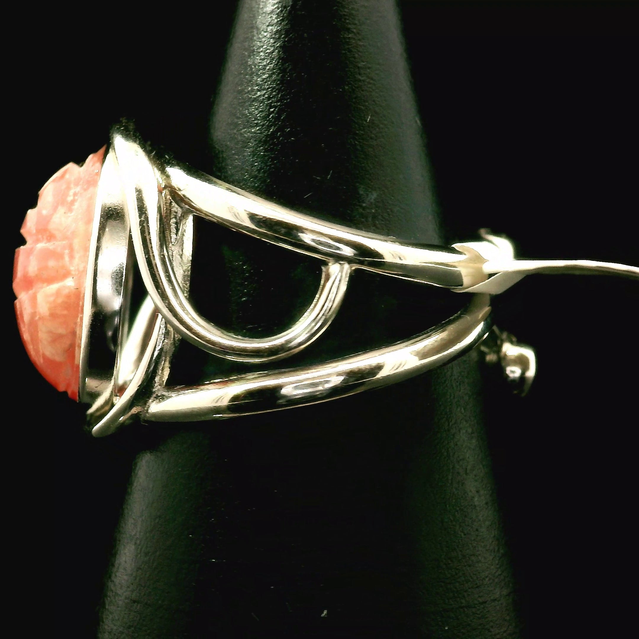 Rhodochrosite Scarab Cuff Ring .925 Silver for Emotional and Trauma Healing