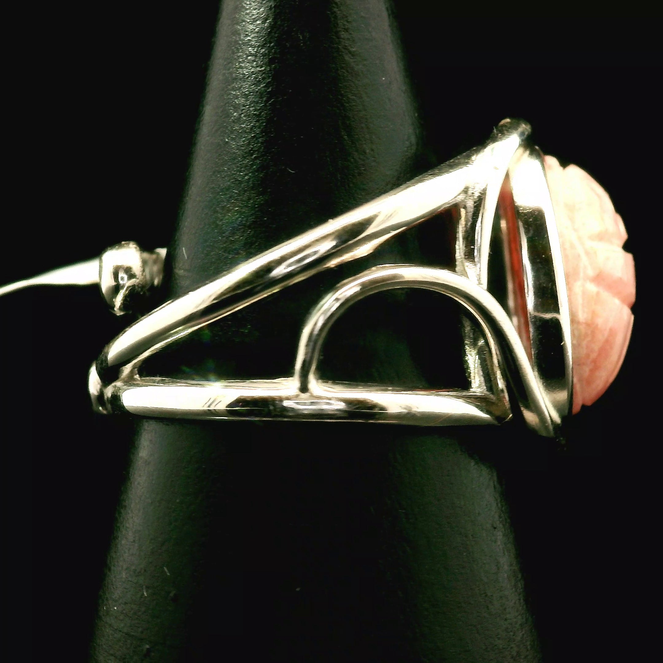 Rhodochrosite Scarab Cuff Ring .925 Silver for Emotional and Trauma Healing