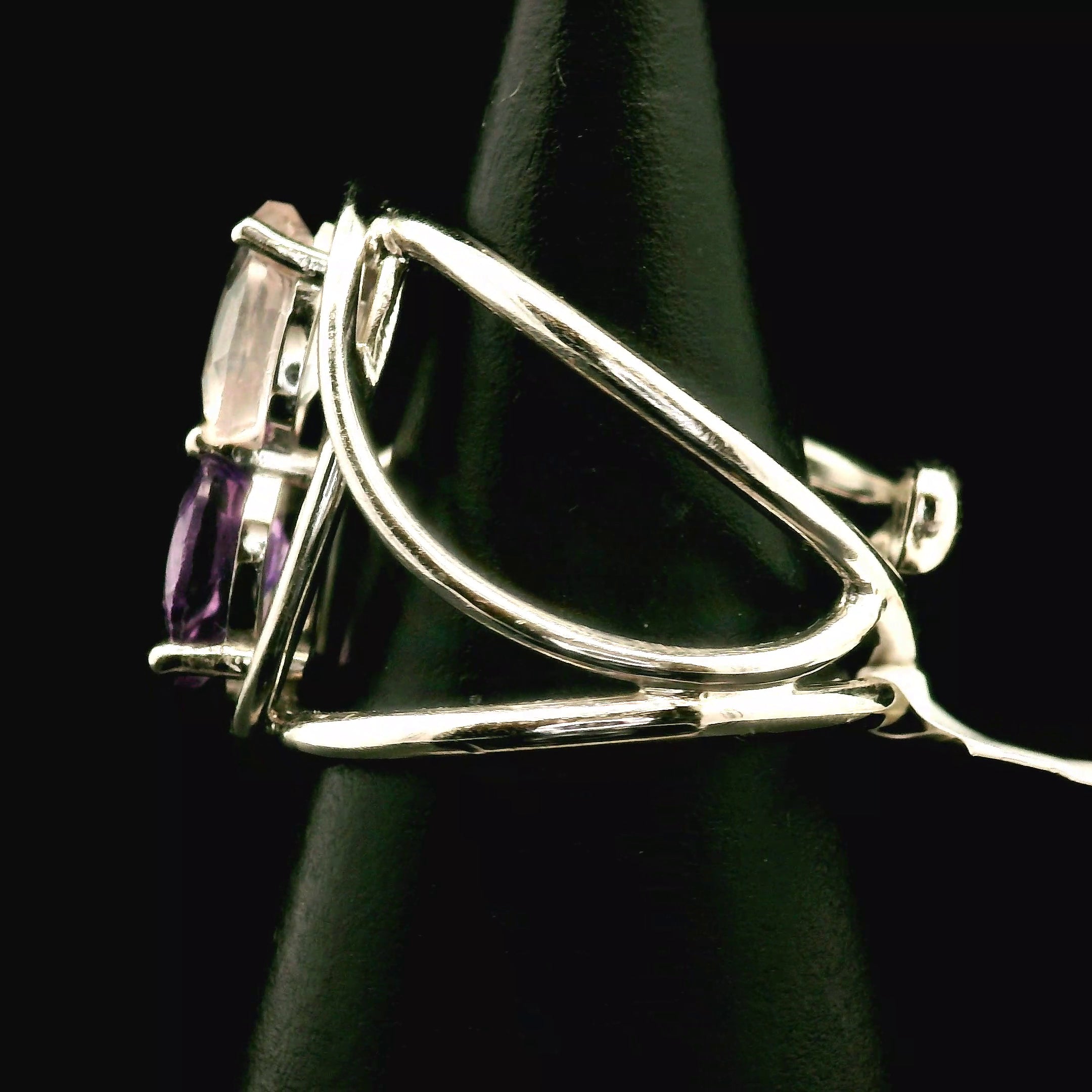 Rose Quartz and Amethyst Cuff Ring .925 Silver for Compassion and Self Love