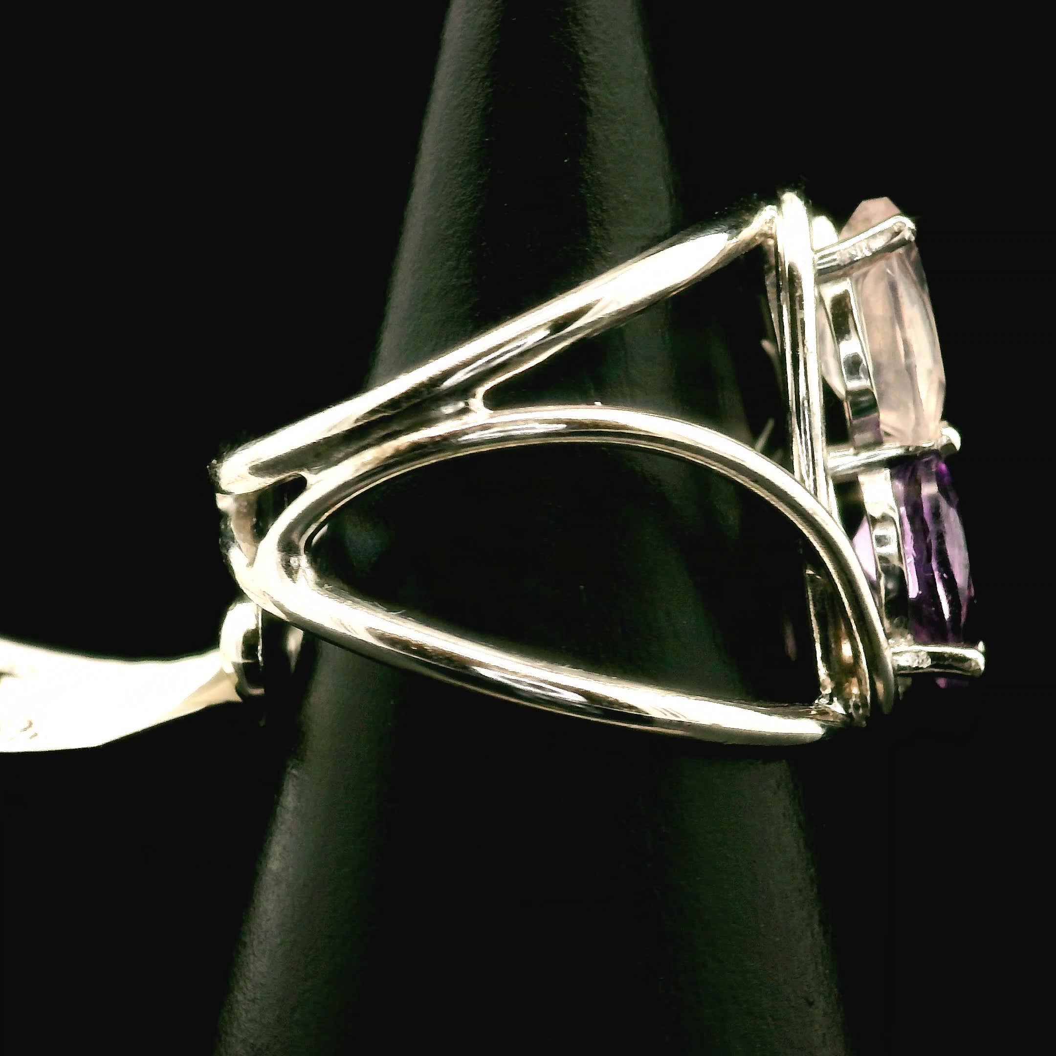 Rose Quartz and Amethyst Cuff Ring .925 Silver for Compassion and Self Love