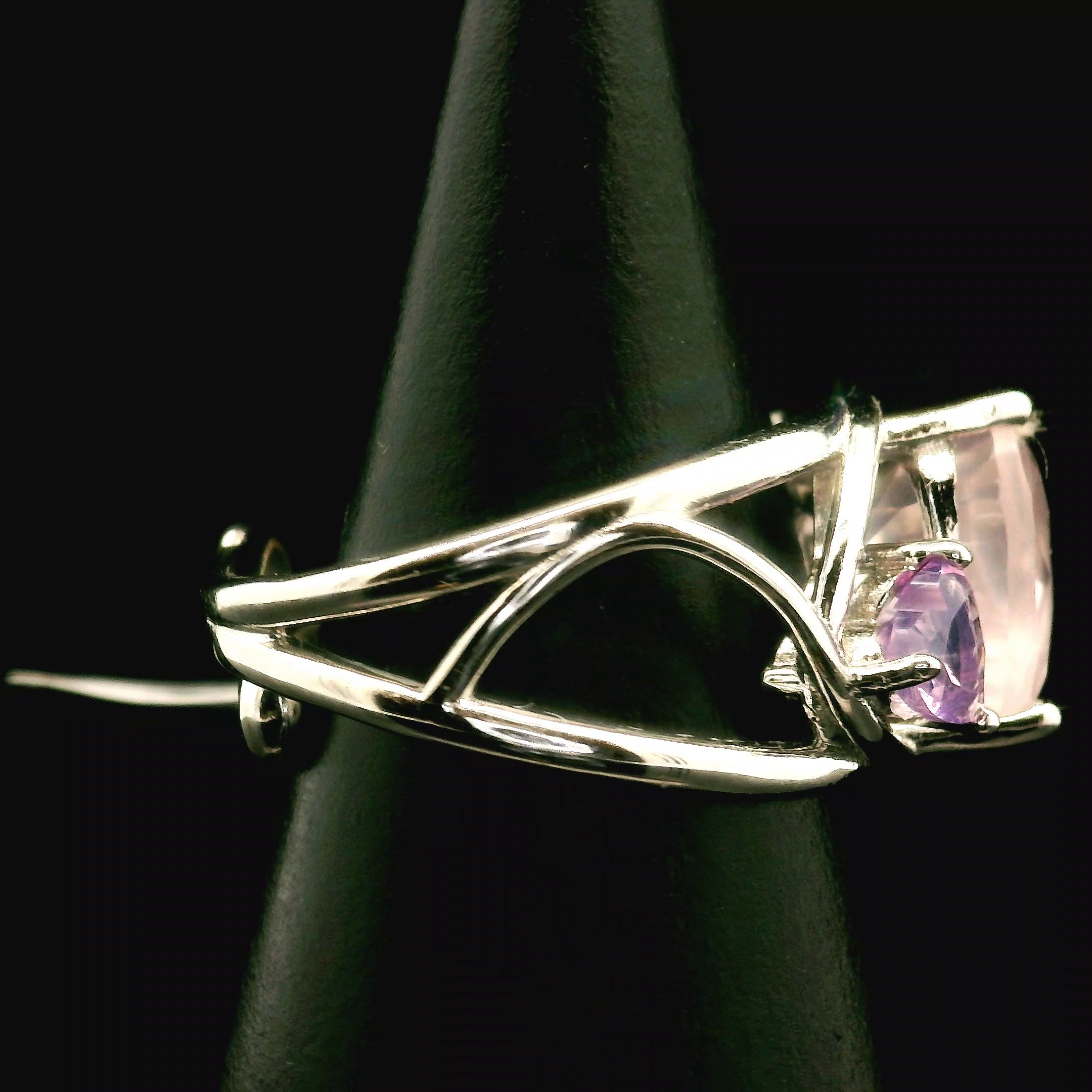 Rose Quartz and Amethyst Heart Cuff Ring .925 Silver for Compassion and Self Love