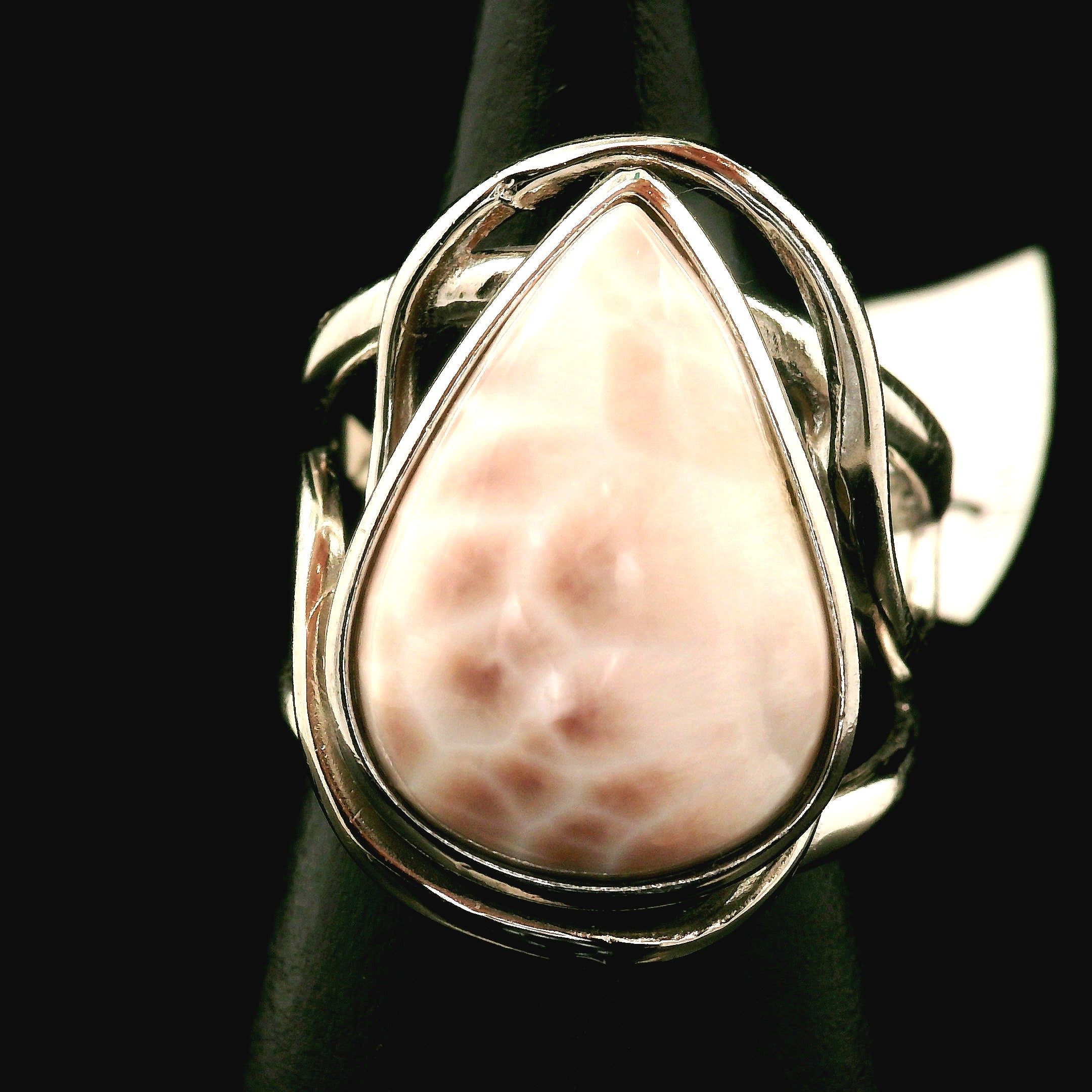 Pink Natrolite Cuff Ring .925 Silver for Astral Travel, Higher Consciousness and Protection