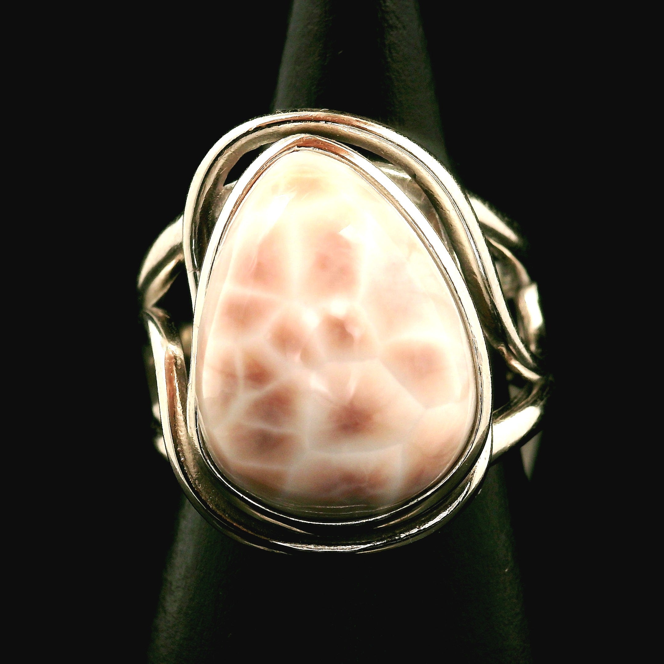 Pink Natrolite Cuff Ring .925 Silver for Astral Travel, Higher Consciousness and Protection