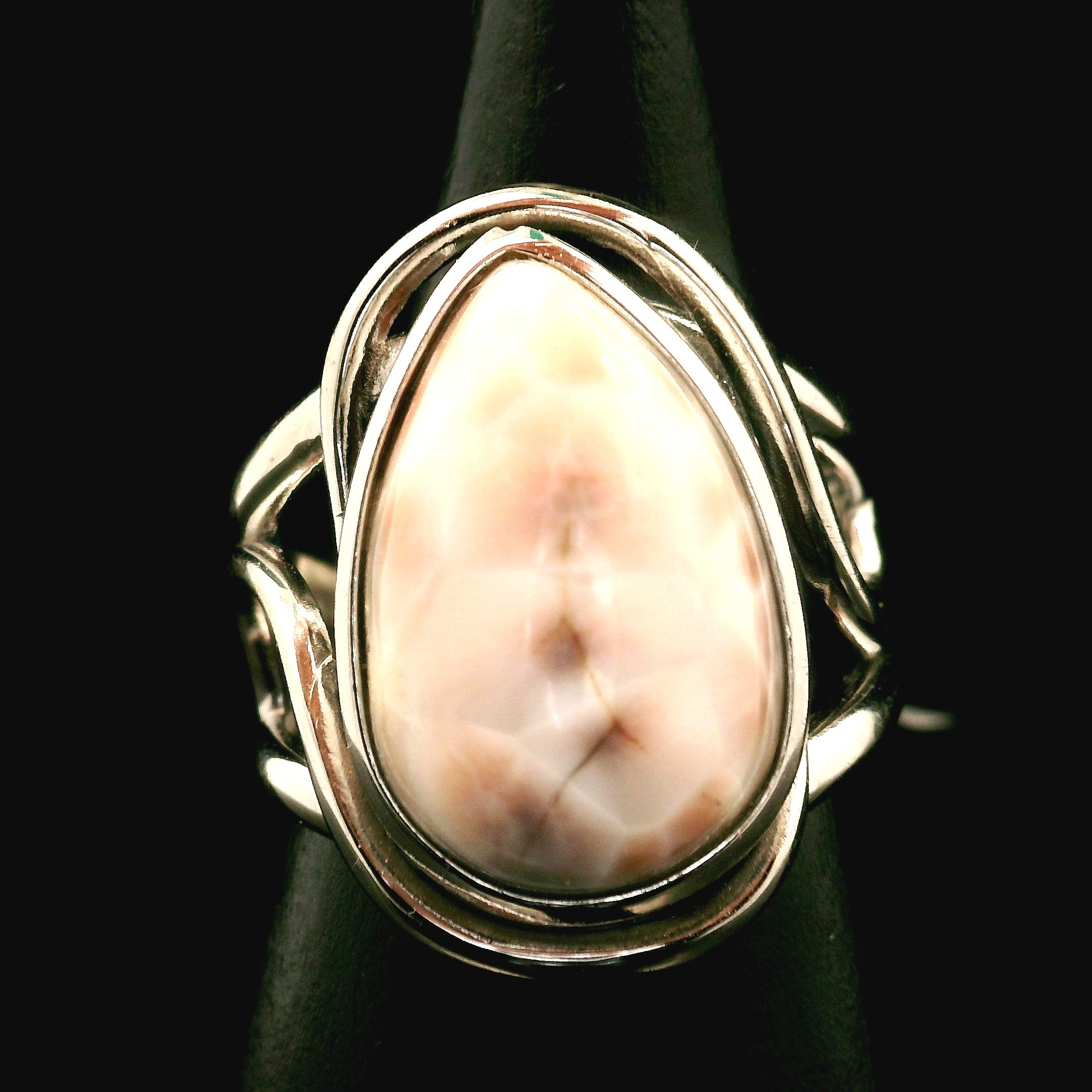 Pink Natrolite Cuff Ring .925 Silver for Astral Travel, Higher Consciousness and Protection