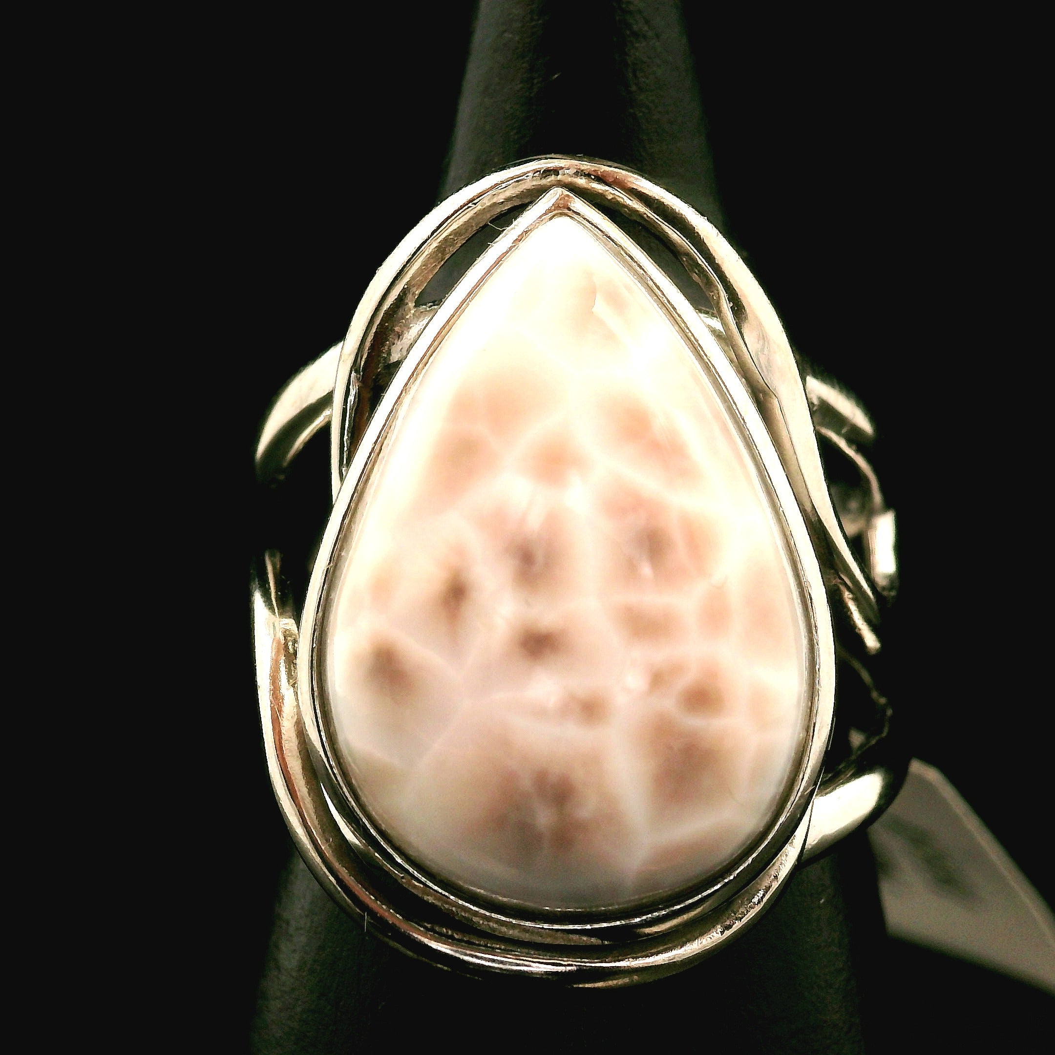 Pink Natrolite Cuff Ring .925 Silver for Astral Travel, Higher Consciousness and Protection