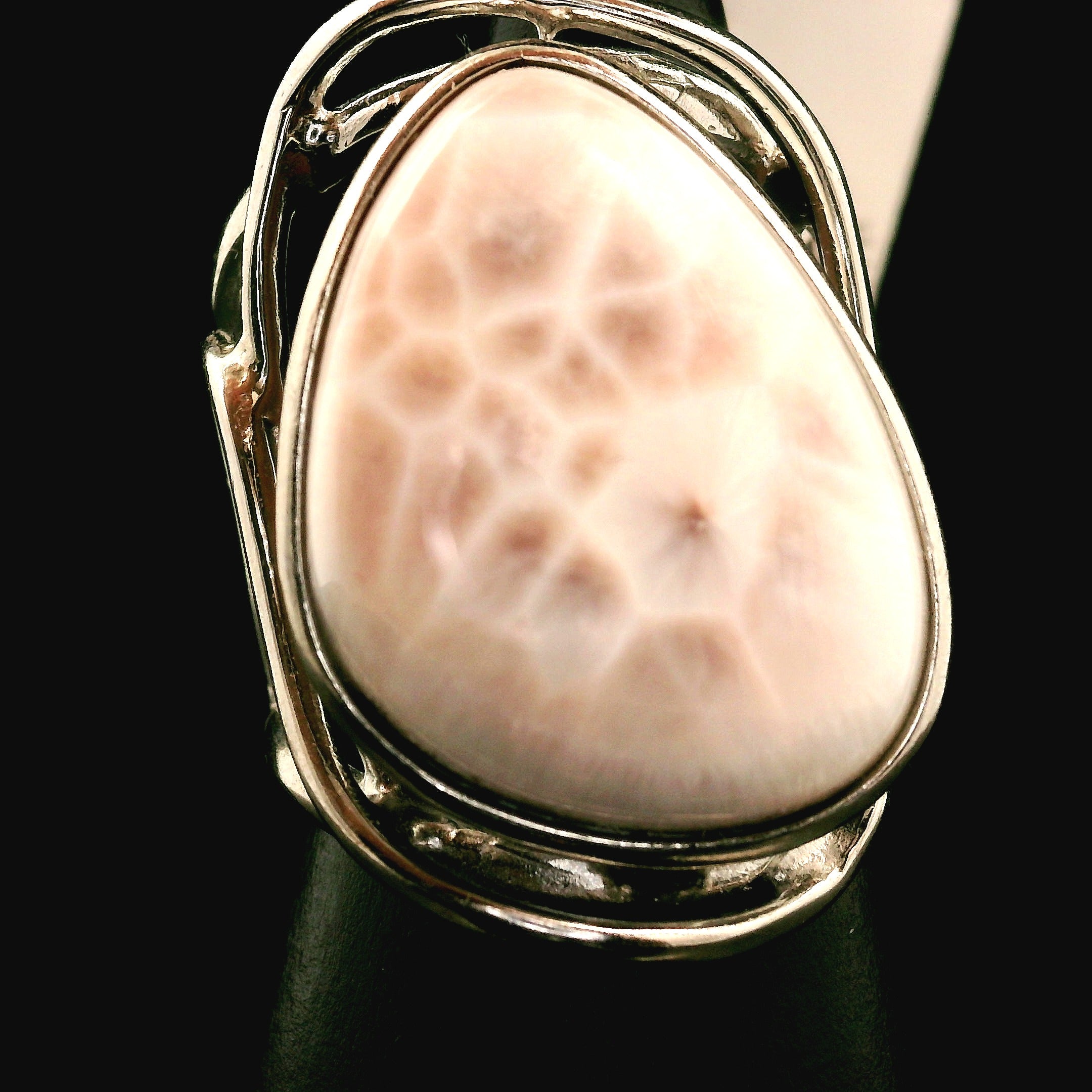 Pink Natrolite Cuff Ring .925 Silver for Astral Travel, Higher Consciousness and Protection