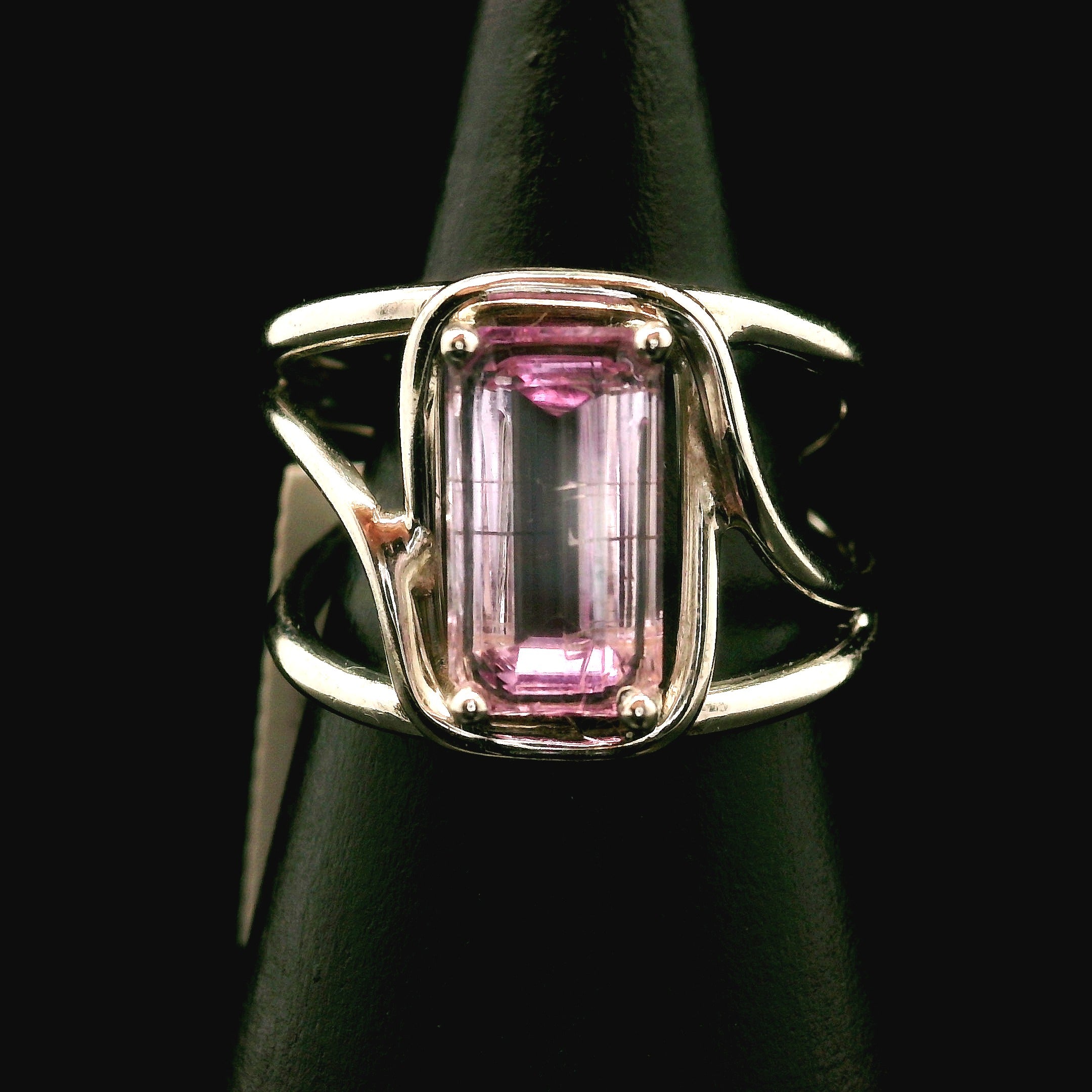 Kunzite with Silver Rutile Cuff Ring .925 Silver (High Quality) for Emotional Healing, Joy and Love